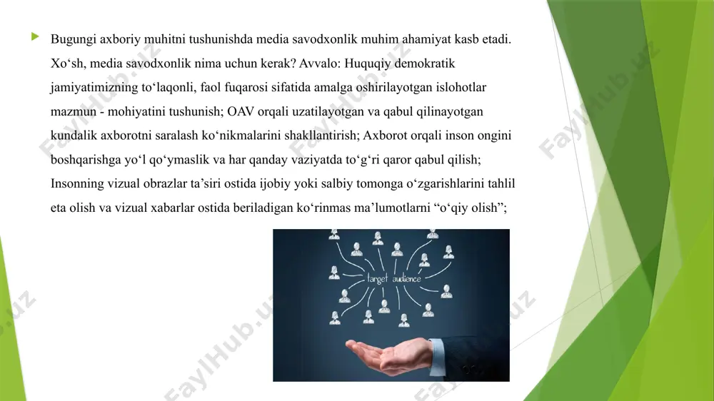 y axborot vositalarining egasi, ularning moliyalashtirish modeli kabi tarkibiy elementlarni tushunish imkonini beradi. media savodxonlik – insonlarga turli media shakllarini va xabarlarni tahlil qilish, baholash va yaratishga imkon beradigan ko’nikmalar to’plamidir. qaysi manba ishonchli, qaysi manbada noto’g’ri xabarlar tarqalishi mumkinligini media savodxonligi yuqori bo’lgan odam osongina sezishi mumkin bo’ladi. bugungi kunda media savodxonlik buyuk britaniya va avstraliyada gumanitar fanlar majmuasida alohida fan sifatida o’tilsa, finlyandiyada 1970-yildan o’rta maktablarning, 1977-yildan esa oliy o’quv yurtlarning o’quv dasturlariga kiritilgan edi. 1990-yillarda esa mamlakatda mediasavodxonlik mediata’lim tushunchasi bilan almashtirildi. shvetsiyada u 1980-yildan boshlab ta’lim muassasalarida alohida fan sifatida o’qitila boshlangan. 1990-yillarda rossiyada mediata’lim bo’yicha ilmiy tadqiqot ishlari olib borilgan. 2002-yili pedagogika oliy ta’lim yurtlari uchun mediata’lim ixtisosligi bo’yicha yo’nalish ochildi. 2005-yili esa yunesko homiyligida “mediata’lim” darsligi yaratildi va rossiyada kinota’lim va mediapedagogika sayti ishga tushurildi. mediasavodxonlik yurtimiz rahbarining 2030 yilgacha o’zbekistonni rivojlantirishga qaratilgan 5ta ustuvor yo’nalishlaridan biriga kiritilgan. shundan so’ng 2021 yildan boshlab 10-11 …
