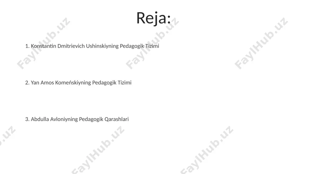 ing uyg'unligini ta'minlashga qaratilgan 5ta asosiy tamoyil muhim o'rin egallagan. abdulla avloniyning pedagogik qarashlari milliy ong va istiqlol g'oyalarini tarbiyalashga, ona tilining ahamiyatini 3 bosqichda o'rganishga va yoshga mos ta'lim usullarini qo'llashga qaratilgan edi. avloniyning ona tili ta'limi haqidagi fikrlari avloniy ona tili darslarida amaliy mashqlarga, ayniqsa, ogʻzaki nutqni rivojlantirishga alohida eʼtibor qaratgan boʻlib, 5-6 yoshdan boshlab ona tili oʻrgatishni taklif qilgan. avloniy ona tili darsliklarini bolalar ongiga mos ravishda sodda va tushunarli qilib yozish, turli didaktik materiallar, jumladan, rasm va sheʼrlardan foydalanish zarurligini taʼkidlagan. uch mutafakkirning pedagogik merosining zamonaviy ahamiyati uch mutafakkirning ilg'or pedagogik g'oyalari zamonaviy ta'lim tizimini 21-asr talablariga moslashtirishda, xususan, interfaol o'qitish va individual yondashuvni rivojlantirishda muhim ahamiyat kasb etadi. ushbu mutafakkirlarning innovatsion pedagogik yondashuvlari (masalan, o'yin texnologiyalari, amaliy mashg'ulotlar) zamonaviy ta'lim muassasalarida o'quv jarayonini diversifikatsiya qilish va o'quvchilarning bilim olishga bo'lgan qiziqishini 50% ga oshirishda qo'llanilishi mumkin. ushinskiyning "odam bolasi" asari va uning ta'siri ushinskiy ushbu …