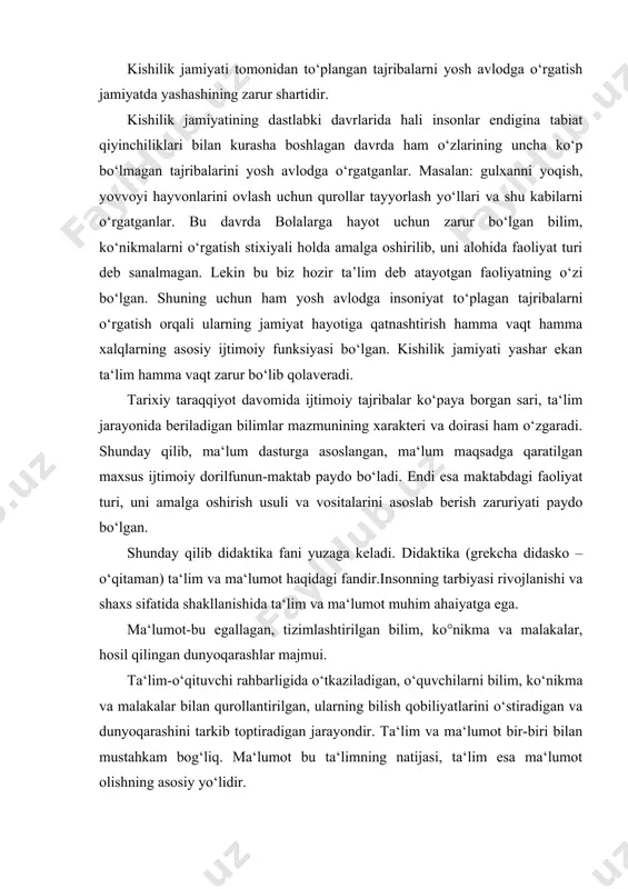 ning bilish qobiliyatlarini o‘stiradigan va dunyoqarashini tarkib toptiradigan jarayondir. ta‘lim va ma‘lumot bir-biri bilan mustahkam bog‘liq. ma‘lumot bu ta‘limning natijasi, ta‘lim esa ma‘lumot olishning asosiy yo‘lidir. didaktika fani ta‘lim va ma‘lumotning muhim muammolarini o‘rganish bilan birga «kimni o‘qitish kerak», «nimaga o‘rgatish kerak», «qanday o‘qitish kerak» kabi savollarga ham javob bo‘ladi. didaktika sohasida birinchi asar yaratgan olim xvii asrning chex pedagogi yan amos komenskiy (1592-1670). o‘zining mashhur asari «buyuk didaktika» (1632y yozilgan, 1975y o‘zbek tilga tarjima qilingan) sida o‘qitish va tarbiya jarayonlari, o‘qitishning yo‘llari va didaktik printsiplar maktabda ta‘lim-tarbiya ishlarini tashkil qilish kabi masalalarni ishlab chiqdi. markaziy osiyo allomalari merosida ham didaktika sohasida yaratilgan bir qancha asarlarda ta‘lim qoidalari, ta‘limni tashkil etish, unda o‘qituvchining roli kabi masalalar bayon etilgan abu ali ibn sinoning (980-1037) «tadbiri manozil», abu nasr farobiyning «ilmlarning kelib chiqishi to‘g‘risida», «sharxlar», «evklid kitobining muqaddimasiga sharxlar», «hikmat asoslari» kabi bir qator asarlarida, burhoniddin marg‘iloniynng (1150-1187) «ilmga kirishuvchi uchun birinchi …