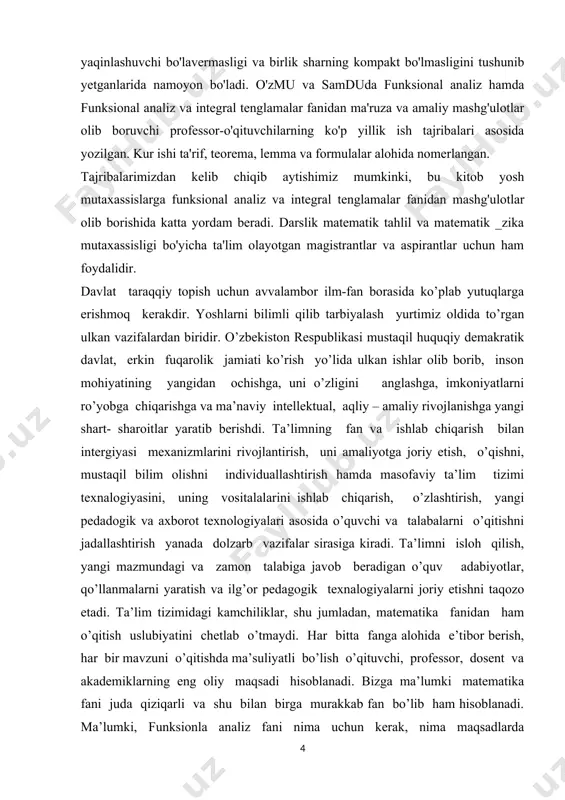 s ishining tuzilishi. kurs ishi tuzilishiga ko’ra rejasi asosan 4 ga bo’linadi: i. kirish, ii. asosiy qism, iii. xulosa, iv. foydalanilgan adabiyotlar ro’yxati, hamda ilovadan iborat bo’ldi. matematika sohasidagi ta’lim sifatini oshirish va ilmiy - tadqiqotlarni rivojlantirish chora-tadbirlari to’g’risida qarori. mamlakatimizda matematika 2020- yildagi ilm – fanni rivojlantirishning ustuvor yo’nalishlaridan biri sifatida belgilandi. o’tgan davr ichida matematika ilm – fani va ta’limini yangi sifat bosqichiga olib chiqishga qaratilgan qator tizimli ishlar amalga oshirildi. birinchidan, ilg’or ilmiy markazlarda faoliyat yuritayotgan vatandosh matematik olimlarning taklif qilinishi va xalqaro ilmiy- tadqiqotlar olib borilishi uchun zarur shart- sharoit yaratildi. ikkinchidan, xalqaro fan olimpiyadalarida g’olib bo’lgan yoshlarimiz va ularning murabbiy ustozlari mehnatini rag’batlantirish tizimi joriy etildi. uchinchidan, oliy ta’lim va ilmiy- tadqiqotlarning o’zaro integratsiyalashuvini ta’minlash maqsadida talabalar shaharchasi fanlar akademiyasining b.i .romanovskiy nomidagi matematika institutining ( keyingi o’rinlarda - institut ) yangi va zamonaviy binosi barpo etildi. matematika sohasidagi fundamental tadqiqotlarni moliyalashtirish hajmi bir yarim …