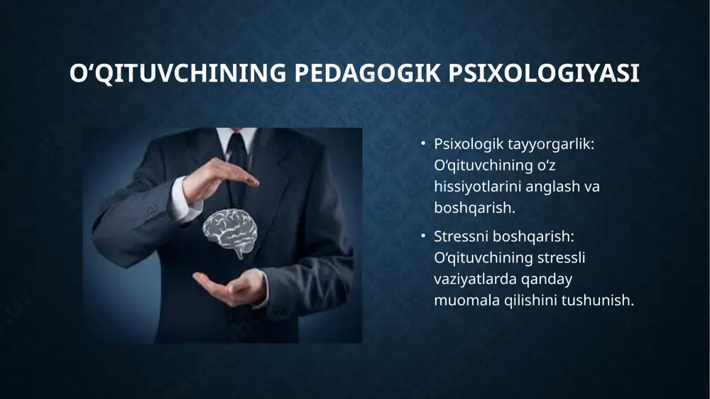 uomalasi o‘quvchilarga o‘z fikrlarini erkin ifodalash imkonini beradi. sabr-toqat: o‘quvchilarning o‘rganish jarayonida har xil sur’atda rivojlanishini tushunish va ularga to‘g‘ri yondashish, sabr-toqatli bo‘lish muhim. 11 muomala va o‘qituvchining etikasi o‘quvchilarga hurmat va adolatli munosabatda bo‘lish. tanqid va mukofotlar o‘rtasidagi muvozanat. muomala va o‘qituvchining ijtimoiy ta'siri o‘qituvchining ijtimoiy ta'siri, o‘quvchilarni madaniy qadriyatlar bilan tanishtirish. o‘qituvchining ijtimoiy roli va o‘quvchilarni ijtimoiy hayotga tayyorlash. pedagogik jarayonda innovatsiyalar va texnologiyalar (1) yangi pedagogik texnologiyalar va innovatsion usullar. yangi pedagogik texnologiyalar va innovatsion usullar ta'lim jarayonini yanada samarali va qiziqarli qilish, o‘quvchilarning motivatsiyasini oshirish va ularning bilim olish jarayonini optimallashtirish uchun qo‘llaniladi. ular zamonaviy pedagogik yondashuvlar va texnologiyalarni integratsiya qilish orqali ta’limni yangilashga yordam beradi. yangi pedagogik texnologiyalar: blended learning (aralash o‘qish): an’anaviy darslar va onlayn o‘qishning kombinatsiyasi. bu texnologiya o‘quvchilarga o‘z vaqtida va joyida o‘qish imkonini beradi, shu bilan birga o‘qituvchilarni darsni shaxsiylashtirishda yordam beradi. misol: o‘quvchilar video darslarni ko‘rib, keyin interaktiv mashqlarni bajaradilar, …