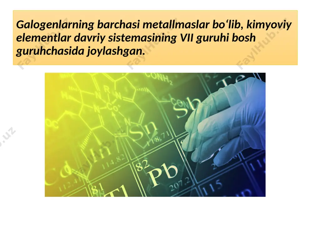 a, u qisman quyidagi tenglama asosida reaksiyaga kirishadi: s12 + n2o=ns1 + ns1o (1) bu yerda muvozanat kuchli darajada chapga siljigan. quyosh nuri ta’sirida sipoxlorid kislotasi_ quyydagicha parchalanadi: ns1o ——- ns1 + oa (2) bu sekin-asta (1) formuladagi muvozanatni o‘nga siljitadi. shu sababli xlorli suvni qorong‘ilikda saqlash kerak. ishning bajarilishi: 4- rasmda keltirilgan asbobdan foydalanib xlor oling. asbobning gaz chiqaruvchi nayini distillangan suv solingach (1\2 hajmgacha) korugsimon (30-50, ml li) kolbachaga tushiring va 3-4 minut davomida xlor yuboring. kolba og‘zini probka bilan berkitib keyingi tajriba uchun qoldiring. reaksiya tenglamalarini yozing. a) marganets (ii) xlorid hosil bo‘lishini hisobga olib xlor olish. b) xlorning suv bilan ta’sirini, oksidlovchi va qaytaruvchilarni ko‘rsating. olingan eritmaning rangi va hidiga e’tibor bering (ehtiyot bo‘ling). bromning olinishi va hossalari a) quruq probirkaga natriy bromidning 2-3 kristallaridan va shuncha miqdor marganets (iv) oksidi solib aralashtiring. aralashmaga asta-sekni 2-3 tomchi sulfat kislotadan ( i=1,74 g/gm3) tomizing va ajralib chiqayotgan …