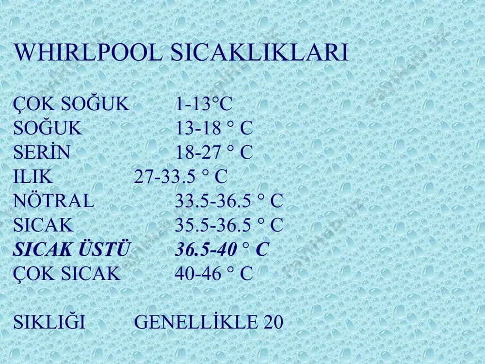 ° c) basinç 5-10 kg/cm2 7.5-12.5 kg/cm2 süre 12-40 sn 3-10 sn tedavi toplam olarak 3-10 dk. zit duşlar (scotch shower) uygulama sıcak ile başlanır sıcak ile bitirilir. hasta nötral bir duş alır. i̇ki ayrı hortum kullanılır. hasta ayakta durur. arka ve ön ayrı ayrı uygulama yapılır. topuktan başlanıp yukarı doğru çıkılır ve inilir. sağ ve sol ayrı ayrı yapılır. karın, baş ve genital organlara uygulama yapılmaz. hasta üşürse, vücutta kabarıklıklar meydana gelirse tedavi kesilir. zit duşlar (scotch shower) endi̇kasyonlari; hastayı rahatlatmak için i̇naktiviteyi gidermek için psikoz melankoli, depresyon, uykusuzluk halleri lumbago romatizma nörovasküler sistemi uyarmak zit duşlar (scotch shower) kontraendi̇kasyonlari kalp hastalıkları hipertansiyon arterioskleroz nevrit varis sinir irritabilitesi gut bazı hastalıkların aktif dönemi su alti duşlari hasta su içinde iken uygulanan basınçlı duşlardır. sirkülasyonu artırırlar. deri kalınlaşmalarını yumuşatırlar. kronik fibrozit, kronik siyatalji ve kronik osteoartritte kullanılırlar. kısa süreli uygulamalar deri hassasiyetini artırır, uzun süreli ise azaltır. 12-15 cm uzaklıktan …