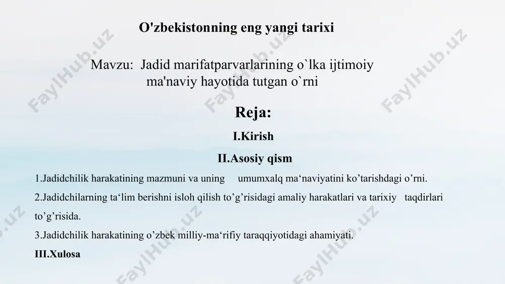 lashga muvaffak bo’ldilar. yerli xalqlar orasida mustamlakachilikka qarshi ma‘rifatchilik g’oyalari tarkala boshladi, yangi ta‘lim-tarbiya shaxobchalari, yangi maktab, maorif, madaniy targibot, jadidchilik harakati rivoj topdi. mana shunday sharoitda turkistonda ko’plab ma‘rifatchilar yetishib chiqdi. turkistonda jadidchilik harakati uch soha orqali faoliyat ko’rsatdi. bular – maorif (yangicha maktablar ochish, ta‘lim usulini yangilash), san‘at (badiiy adabiyot, teatr) va matbuot. asosiy maqsad millatni, bir tomondan, ilm-ma‘rifatli qilish bo’lsa, ikkinchi tomondan uning axloqiy darajasini yuksaltirish va ana shu ikki jihatning uyg’unlashuvi natijasida, uzligini, o’z qadrini anglagan bilimli shaxsni voyaga yetkazish edi. turkiston jadidchilari tomonidan ana shu maqsadni amalga oshirish yo’lida katta ishlar qilindi. turkistonda jadidchilik harakatining yuzaga kelishida tarixiy sharoit bilan birga, xix asrning so’nggi choragida uyg’ongan ma‘rifatchilik, ma‘rifatparvarlik qarashlarining ta‘siri katta bo’ldi. xix asr oxiri va xx asr boshlaridagi turkistonning ijtimoiy-siyosiy va madaniy hayotiga e’tibor bersak, marifatparvarlik mafkurasi demokratik va milliy-vatanparvarlik harakatlarining g’oyaviy mazmunini tashkil etganligini ko’ramiz. mamlakatimizda marifatparvarlik g’oyasining kelib chiqishiga asosiy sabab, birinchidan, …