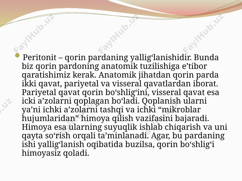 adi. flegmonoz xolesistitda o‘t pufagi shilliq qavatining nekrozi va yemirilishi yuz beradi, ba’zan devori teshiladi. gangrenoz xolesistitda nekrotik jarayon o‘t pufagi devorining barcha qavatlariga yoyiladi. yuqoridagi har uchala holatda ham infeksiya ichki a’zolarga tarqaladi va ko‘pincha peritonitga sabab bo‘ladi. ko‘richak (appenditsit). mikroblar ichak shilliq qavati, ovqat moddalari, axlat toshi yoki yot jismlar orqali qorin bo‘shlig‘idagi chuvalchangsimon o‘simtaga tushib ko‘payadi va uni yallig‘lantiradi. ko‘richak o‘tkir kechganda o‘simta ichida kataral, yiringli, gangrenoz, perforativ yoki infiltrativ yallig‘lanishlar ro‘y beradi. shundan so‘ng o‘simta teshilib gangrenaga o‘tadi. kasallikning ilk davrlari umumiy belgilar, og‘iz qurishi, ich ketishi kuzatiladi. keyinchalik qorinda mahalliy kuchli, jidab bo‘lmasa og‘riq, qayt qilish, shish hamda taranglik yuzaga keladi. shu belgilar kuzatilgach bemorga tezda yordam berilmasa, og‘ir asoratlarga hattoki, o‘limga ham olib kelishi mumkin. peritonit kasaligida qorin muskullari tarangligi oshib, qorinni muskullarini “presslangan” holatga keltirib qo‘yadi( shyotkin-blyumberg simptomi ). buni biz qo‘llarimiz orqali qorin devorlarini paypaslash orqali ham bilishimiz mumkin. qorin bo‘shlig‘iga me’dadagi …