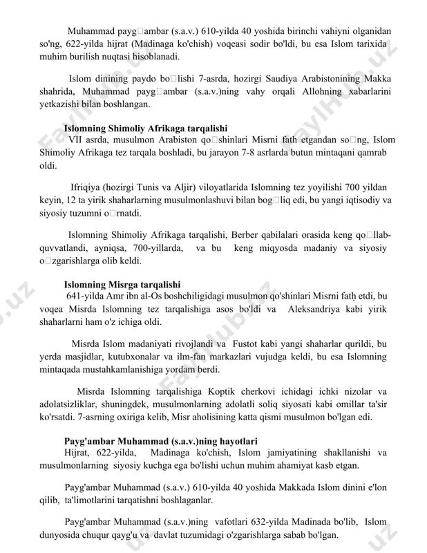 oʻlishi 7-asrda, hozirgi saudiya arabistonining makka shahrida, muhammad paygʻambar (s.a.v.)ning vahy orqali allohning xabarlarini yetkazishi bilan boshlangan. islomning shimoliy afrikaga tarqalishi vii asrda, musulmon arabiston qoʻshinlari misrni fath etgandan soʻng, islom shimoliy afrikaga tez tarqala boshladi, bu jarayon 7-8 asrlarda butun mintaqani qamrab oldi. ifriqiya (hozirgi tunis va aljir) viloyatlarida islomning tez yoyilishi 700 yildan keyin, 12 ta yirik shaharlarning musulmonlashuvi bilan bogʻliq edi, bu yangi iqtisodiy va siyosiy tuzumni oʻrnatdi. islomning shimoliy afrikaga tarqalishi, berber qabilalari orasida keng qoʻllab-quvvatlandi, ayniqsa, 700-yillarda, va bu keng miqyosda madaniy va siyosiy oʻzgarishlarga olib keldi. islomning misrga tarqalishi 641-yilda amr ibn al-os boshchiligidagi musulmon qo'shinlari misrni fatḥ etdi, bu voqea misrda islomning tez tarqalishiga asos bo'ldi va aleksandriya kabi yirik shaharlarni ham o'z ichiga oldi. misrda islom madaniyati rivojlandi va fustot kabi yangi shaharlar qurildi, bu yerda masjidlar, kutubxonalar va ilm-fan markazlari vujudga keldi, bu esa islomning mintaqada mustahkamlanishiga yordam berdi. misrda islomning …
