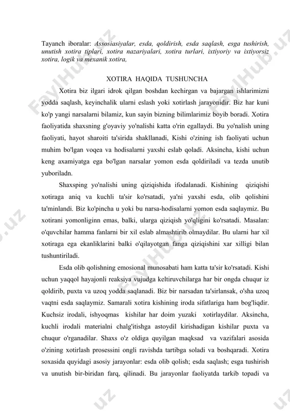 shyoqmas kishilar har doim yuzaki xotirlaydilar. aksincha, kuchli irodali materialni chalg'itishga astoydil kirishadigan kishilar puxta va chuqur o'rganadilar. shaxs o'z oldiga quyilgan maqksad va vazifalari asosida o'zining xotirlash prosessini ongli ravishda tartibga soladi va boshqaradi. xotira soxasida quyidagi asosiy jarayonlar: esda olib qolish; esda saqlash; esga tushirish va unutish bir-biridan farq, qilinadi. bu jarayonlar faoliyatda tarkib topadi va belgilanadi. ma'lum materialni esga olib qolish hayo faoliyati davomida individual, ya'ni shaxsiy tajribani to'plash bilan bog'liqdir, xotiraning nerv - fiziologik asoslari esda olib qolish nerv tizimining, miyaning egiluvchan,ya'ni o'zgaruvchanlik, qo'zg'atuvchilar ta'sirida o'zida go'yo bir iz tarzida qoldirish, saqlash imkoniyati tufayli yuzaga keladi. har qanday kishining miyasi egiluvchanlik xususiyatiga ega bo'lib, lekin uning darajasi har xil bo'ladi. shaxs xotirasining sifati miyaning aktivligi va turli faoliyatiga to'g'ridan-to'g'ri bog'liq ravishda rivojlanadi. atrofini o'rab olgan borliqni aktiv bo'luvchi kishi o'zi miyasi faoliyatida beto'xtov kuchaytiradi. shu bilan birga uning egiluvchanlik darajasini oshiradi. miya egiluvchanligi va tinch pasayishi …