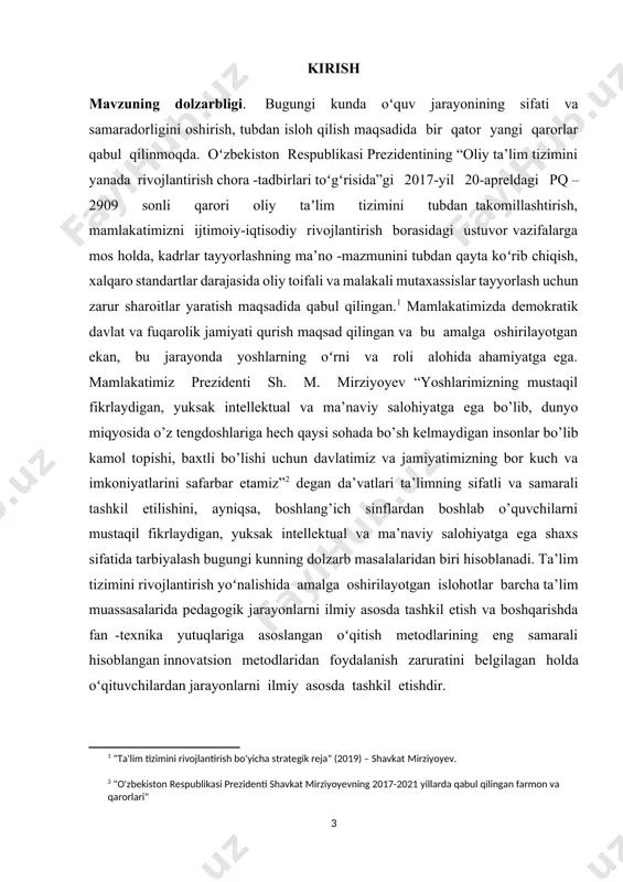 hda didaktik materiallar (vizual yordam, grafik, misollar, mashqlar) va o‘quv vositalarini tayyorlash. kurs ishining obyekti. boshlangʻich sinflarda algebra elementlarini oʻqitish jarayoni; ya’ni o‘quvchilarning algebraik tushunchalarni qabul qilish, tushunish va qo‘llashlari. kurs ishining predmeti. mazkur kurs ishim jarayonida ishlatiladigan metodlar, vositalar, ta’lim-uslubiy masalalar, dars mashgʻulotlari, didaktik materiallar, baholash tizimi va dars rejasini tashkil qilish kabi tarkibiy jihatlar. kurs ishining tarkibiy tuzilishi: kurs ishi kirish, 2 bob, 4 band, xulosa va foydalanilgan adabiyotlar ro‘yxatidan iborat. i bob. boshlang’ich sinflarda matematika o’qitishning algebraik, pedagogik xusussiyatlari 1.1 boshlang’ich sinflarda matematikada o’qitishda algebra elementlari bilan tanishtirish mamlakatimizda ta’lim-tarbiya tizimini tubdan isloh qilish, uni zamon talablari darajasiga ko‘tarish, kelajak uchun barkamol avlodni tarbiyalash ishlari davlat siyosatining ustuvor yo‘nalishiga aylandi. so‘nggi yillarda mamlakatda ta’lim-tarbiya tizimining sifati va samaradorligini oshirish, bog‘cha tarbiyalanuvchilari, o‘quvchi va talaba yoshlarda zamonaviy bilim va ko‘nikmalarni shakllantirish, ta’lim tizimlari hamda ilm-fan sohasi o‘rtasida yaqin hamkorlik va integratsiyani, ta’limning uzviyligi va uzluksizligini ta’minlash borasida tizimli …