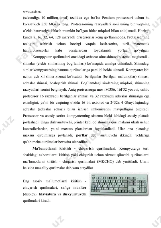 il bo`ladigan signalni ikkilik kodga aylantirib beradi. monitor kompyuterning ish jarayonida vujudga keladigan axborotlarning zarur qismini ekranda yoritib berishni ta`minlaydi. monitor matn yoki grafik rejimda ishlaydi. matn rejimida ekran belgi o`rinlari deb yuritiluvchi alohida qismlarga bo`linadi. grafik rejimda ekran piksel deb ataluvchi nuqtalar to`plamidan tashkil topadi. ikkala rejimda ham belgi yoki pikselning ranglari, fonning rangi, ravshanligi va boshqa parametrlar xaqidagi ma`lumotlar videoxotirada saqlanadi. monitordagi piksellarning umumiy miqdori monitorning imkon darajasi, deb ataladi. hozirgi davrda keng tarqalgan monitorlarni tavsiflovchi jadvalni keltiramiz. bu erda belgi o`rinlarining miqdori ekrandagi satr va ustunlardagi belgi o`rinlarning miqdorlari ko`paytmasi hamda piksellar soni gorizontal va vertikal bo`yicha piksellar sonining ko`paytmasi shaklida berilgan monitor nomi matn rejimi grafik rejimi ranglar miqdori belgi o`rinlar miqdori ranglar miqdori piksellar miqdori cga 16 80x25 2 640x200 4 620x200 ega 16 80x25 16 640x350 16 80x43 vga 16 80x25 16 640x480 16 80x50 svga 16 80x50 256 640x480 16 800x600 diskyurituvchi - …
