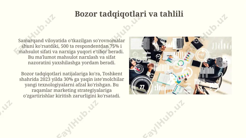 ankining 2023 yildagi hisobotiga ko'ra, rivojlanayotgan mamlakatlarda kichik bizneslarning 30%i moliyaviy xavflar tufayli yopiladi, shuning uchun samarali xavflarni boshqarish strategiyasi muhim ahamiyatga ega. sotish va xizmat ko'rsatish 2022-yilda toshkent shahrida o‘tkazilgan tadqiqotlar shuni ko‘rsatdiki, xizmat ko‘rsatish sohasida 30% dan ortiq bizneslar raqamli marketingdan samarali foydalanmayapti, bu esa daromadlarning pasayishiga olib kelmoqda. andijon viloyatidagi kichik biznes vakillarining 70% dan ko‘prog‘i mahsulotlarini onlayn platformalar orqali sotishda qiyinchiliklarga duch kelmoqda, bu esa yetkazib berish va to‘lov tizimlari bilan bog‘liq muammolarga bog‘liq. marketing strategiyasi toshkent shahridagi yirik supermarketlarning 30%i mijozlarning sotib olish tarixini tahlil qilib, shaxsiylashtirilgan reklama takliflarini yuborish orqali sotuvlarni 15% ga oshirgan. samarqand viloyatidagi dehqon bozorlarining 5%i ijtimoiy tarmoqlar orqali mahsulotlarini reklama qilib, mijozlar bazasini 2 barobarga oshirgan. e'tiboringiz uchun rahmat @taqdimot_robot image2.jpg image3.jpg image4.jpg image5.jpg image6.jpg image7.jpg image8.jpg image9.jpg image10.jpg image11.jpg image12.jpg image13.jpg
