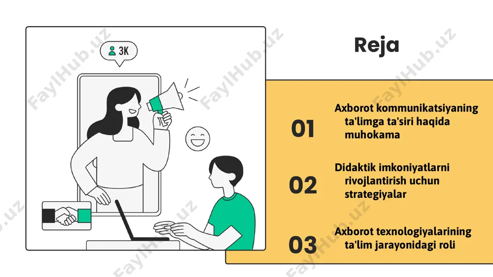 va qiziqarli qilishda muhim ahamiyatga ega. bu texnologiyalar o'qituvchilarga o'quvchilarni qiziqtirish va o'zlashtirish jarayonini rivojlantirish imkonini beradi. o'qitishda akt strategiyalari zamonaviy akt vositalarini qo'llash ta'lim jarayonini samarali tashkil etish uchun zarur. interaktiv ta'lim platformalari va videokonferensiyalar o'qituvchilarga o'quvchilarning ehtiyojlariga moslashishga yordam beradi. ta'lim jarayonini tashkil etish o'quvchilarni qiziqtirish va motivatsiya uchun interaktiv usullar, masalan, guruh ishlari va muammoli vazifalarni qo'llash zarur. bu usullar o'quvchilarning faol ishtirokini ta'minlaydi va bilimlarni mustahkamlashga yordam beradi. o'quvchilarni qiziqtirish o'qitishda axborot kommunikatsiya texnologiyalari 01 02 03 axborot kommunikatsiyasi va o'quvchilar o'quvchilar uchun axborot kommunikatsiyaning foydalari: - axborot kommunikatsiya texnologiyalari o'quvchilarga tezkor va oson ma'lumot olish imkonini beradi, bu esa o'qish jarayonini yanada samarali qiladi. o'qish jarayonida axborot texnologiyalaridan foydalanish: - o'quvchilar interaktiv o'quv materiallarini, video darslarni va onlayn platformalarni foydalanib, o'z bilimlarini kengaytirishlari mumkin. o'z-o'zini ta'lim olish imkoniyatlari: - onlayn kurslar va resurslar orqali o'quvchilar mustaqil ravishda yangi ko'nikmalarni o'rganish va rivojlanish imkoniyatiga ega bo'lishadi. …