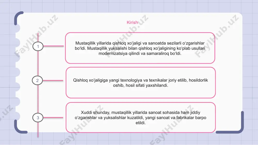 shuningdek, sug‘orish tizimlari va avtomatlashtirilgan dehqonchilik texnikasini joriy etishni o‘z ichiga oladi. ushbu yutuqlar qishloq xo'jaligida inqilob qildi, bu fermerlarga kamroq qo'l mehnati bilan ko'proq hosil olish imkonini berdi. bu oziq-ovqat mahsulotlarini ishlab chiqarishni ko'paytirishga va ekinlarning umumiy sifatini yaxshilashga olib keldi. mustaqillik yillarida sanoatlashtirish mustaqillik yillarida qishloq xo‘jaligi va sanoatda sezilarli o‘zgarishlar bo‘ldi. mamlakat asosan agrar iqtisodiyotdan sanoatlashgan iqtisodiyotga o'tishni boshdan kechirdi. mustaqillik yillarida sanoatlashtirish iqtisodiy o‘sish va rivojlanishda hal qiluvchi rol o‘ynadi. buning natijasida yangi ishlab chiqarishlar barpo etilib, mavjudlari modernizatsiya qilindi. sanoat sohasi jadal sur'atlar bilan kengayib, aholi bandligi va turmush darajasining yaxshilanishiga olib keldi. sanoatlashtirish texnologik taraqqiyot va infratuzilmaning rivojlanishiga ham olib keldi. qishloq xo'jaligining iqtisodiyotdagi rolining o'zgarishi mustaqillik yillarida qishloq xo‘jaligi va sanoatda ro‘y bergan o‘zgarishlar iqtisodiyotga sezilarli ta’sir ko‘rsatdi. qishloq xo'jaligining roli rivojlandi va u iqtisodiyotda hal qiluvchi rol o'ynaydi. an’anaviy dehqonchilikdan tovar qishloq xo‘jaligiga o‘tish bo‘lib, asosiy e’tibor ekinlar va chorvachilik mahsulotlariga qaratildi. …