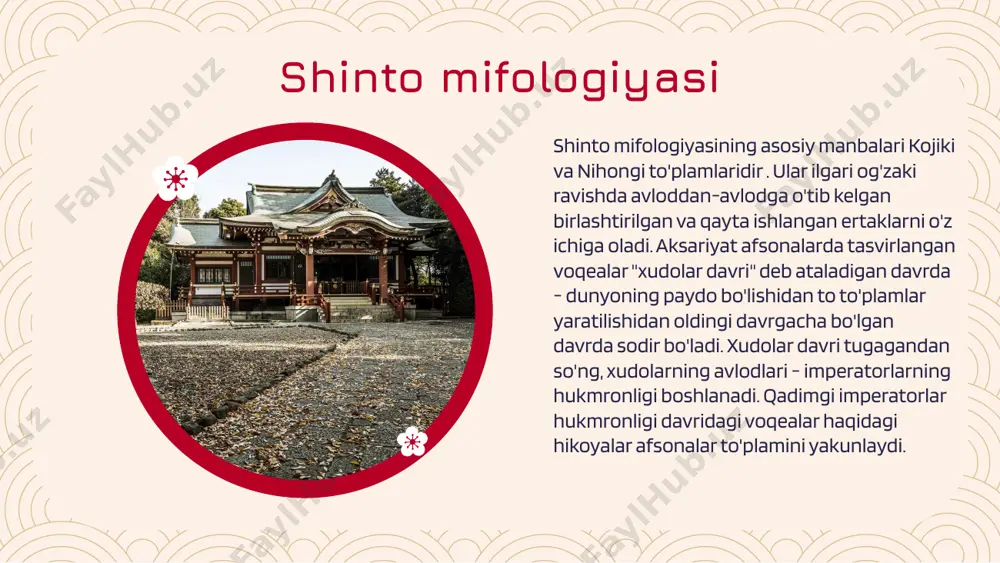 gdirilgan . xondanga qo'shimcha ravishda , ma'badda odatda haydan - ibodatxona mavjud. asosiy binolardan tashqari, ma'badda shinsenjo - muqaddas taom tayyorlash uchun xona, xarayjo - sehrgarlik uchun joy va kaguraden - raqs sahnasi ham bo'lishi mumkin. ma'bad me'morchiligi juda xilma-xil bo'lsa-da, bir nechta an'anaviy uslublar mavjud. barcha holatlarda, asosiy binolar to'rtburchaklar shaklida bo'lib, burchaklardagi vertikal ustunlar tomni qo'llab-quvvatlaydi. asosiy ma'bad binolarining pollari har doim erdan yuqoriga ko'tariladi. an'anaga ko'ra, ibodatxonalar yog'ochdan qurilgan. sintoizmda cherkov tushunchasi mavjud emas. aksariyat mahalliy ziyoratgohlar atrofida nisbatan katta jamoa mavjud bo'lib, ular asosan ziyoratgohni saqlashni qamrab oladi va uning xizmatlari va festivallarida qatnashadi. milliy ahamiyatga ega bo'lgan bir nechta ziyoratgohlar mavjud bo'lib , ularning cherkovlari butun yaponiyani samarali qamrab oladi. ular orasida ise shahridagi buyuk ziyoratgoh , tokiodagi meydzi va yasukuni ziyoratgohi, kiotodagi xeyan ziyoratgohi va fukuoka provinsiyasidagi dazaifu ziyoratgohi bor. cherkovga ega bo'lmagan mahalliy ziyoratgohlar , agar ular tarixiy shaxs, mashhur shaxs yoki urushda …