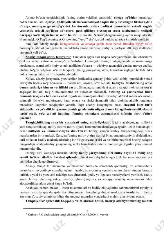 kkur mashhur fiziolog i.p. pavlov[footnoteref:1] asarlarigacha uchrab turadi. ammo bu asarlarga biz san'at asarlari sifatida emas fan asari sifatida qarash lozimligini yaxshi bilamiz. va tanqidiy asarlarda esa san'at sifatlarini ham ko'rgimiz keladi. bu shunchaki istak emas, ayni vaqtda biologik jarayon hamdir. lekin bundan qat’i nazar, adabiy-tanqidiy fikrni badiiy tafakkur sintezidan o‘tmagan maqolalarni tanqid asari deyish qiyin. [1: ] ayni vaqtda tanqidchi obrazli fikr yuritsa-yu, san'atkor tomonidan yaratilgan asarni hayot bilan taqqoslash asosida jonlantirib ko‘rsata olmasa, u o‘zini haqiqiy adabiy tanqidchi sifatini namoyon etolmaydj, chunki haqiqiy tanqidchi tahlil jarayonida kitobxonga badiiy asarni faqat tushuntirib berish bilan cheklanmaydi, o‘qilgan narsani birgalikda o‘zlashtirib oilishga yordam beradi. badiiy asardan kitobxon olgan zavq, qayg'u va shodlikni, badiiy taassurotni to‘latadi jonlantiradi. kitobxonga ana shu taassurotni yuqori saviyada ravshan va tushungan holda yana bir karra boshidan kechirishga, mazkur asar haqida to‘g‘ri tasavvur hosil qilishga imkoniyat beradi. qisqasi, kitobxon tanqidiy asardagi munaqqidning jo‘shqin hissiyotini, ehtirosini sezib turishi lozim. …