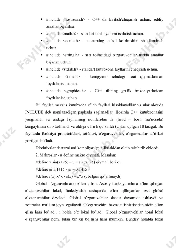dasturda bo’lishi shart. umuman olganda c++ dagi dastur funksiyalardan iborat deb qaraladi. main ( ) funksiyasi { boshlanadi va dastur oxirida berkitilishi shart } . main – asosiy degan ma’noni beradi. bu funksiya oldida uning toifasi ko’rsatiladi. agar main ( ) funksiyasi beradigan (qaytaradigan) javob oddiy so’z yoki gaplardan iborat bo’lsa, hech qanday natija qaytarmasa, void so’zi keltiriladi. main ( ) funksiyasi dastur tomonidan emas, balki os tomonidan chaqiriladi. osga qiymat qaytarish shart emas, chunki u bu qiymatdan foydalanmaydi. shuning uchun main ( ) funksiyasining turini void deb ko’rsatganimiz ma’qul. har bir funksiyaning o’z argumenti bo’ladi, shuning uchun main funksiya ( ) lari ichiga uning parametri keltiriladi. ba’zan u bo’sh bo’lishi ham mumkin. bu funksiyadan chiqish uchun odatda return operatori ishlatiladi. 0 (nol) qiymatining qaytarilishi operasion tizimga ushbu dastur normal bajarilib turganini bildiradi. return orqali qaytadigan qiymat toifasi funksiya e’lonidagi qaytish toifasi bilan bir xil bo’lishi kerak. masalan int main …