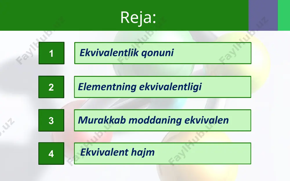 an qoldiqsiz ta’sirlashadigan yoki boshqa har qanday moddaning bir ekvivalenti bilan ta’sirlashadigan miqdoridir. demak, moddalar bir-biri bilan o‘z ekvivalentlariga mos ravishda o‘zaro ta’sirlashadi. bu ekvivalentlik qonuni deb ataladi. ekvivalent hajm – moddaning 1 ekvivalenti egallaydigan hajm bo‘lib, gazs imon holat uchun qo‘llanadi (1 ekvivalent hajm h2 – 11,2 l/mol, o2 – 5,6 l/mol). image2.jpg image3.jpeg image4.jpeg image5.jpeg image6.png image7.jpeg image8.png image9.jpeg image10.jpeg image11.jpeg image12.gif image13.jpeg image14.png image15.png image16.jpeg image17.png image18.jpeg image19.jpeg image20.jpeg image21.jpeg image22.jpeg image23.jpeg image24.jpeg image25.png image26.png image27.jpeg image28.jpeg image29.jpeg image30.jpeg image31.png image32.jpeg image33.jpeg image34.jpeg image35.jpeg image36.jpeg image1.jpg
