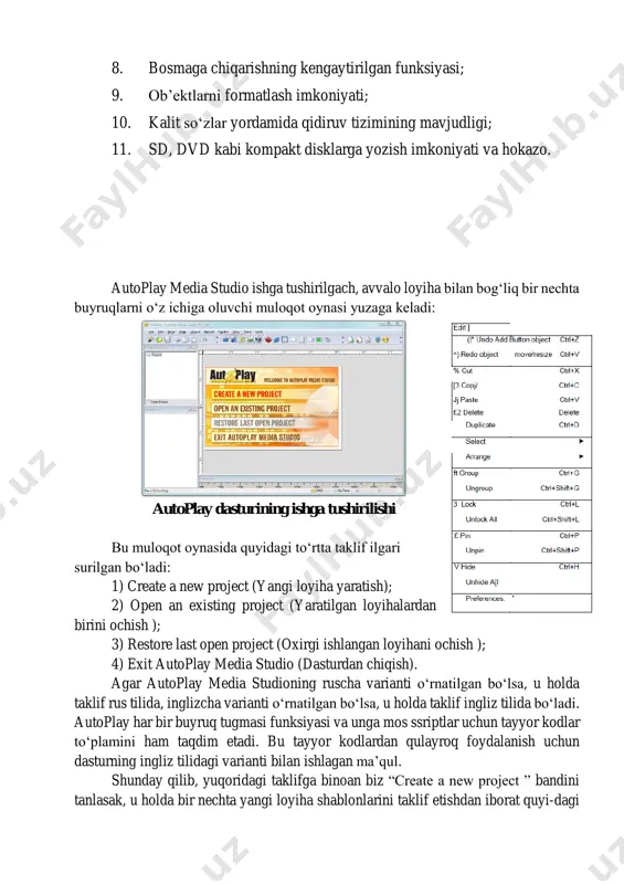 loqot oynasida quyidagi to‘rtta taklif ilgari surilgan bo‘ladi: 1) create a new project (yangi loyiha yaratish); 2) open an existing project (yaratilgan loyihalardan birini ochish ); 3) restore last open project (oxirgi ishlangan loyihani ochish ); 4) exit autoplay media studio (dasturdan chiqish). agar autoplay media studioning ruscha varianti o‘rnatilgan bo‘lsa, u holda taklif rus tilida, inglizcha varianti o‘rnatilgan bo‘lsa, u holda taklif ingliz tilida bo‘ladi. autoplay har bir buyruq tugmasi funksiyasi va unga mos ssriptlar uchun tayyor kodlar to‘plamini ham taqdim etadi. bu tayyor kodlardan qulayroq foydalanish uchun dasturning ingliz tilidagi varianti bilan ishlagan ma’qul. shunday qilib, yuqoridagi taklifga binoan biz “create a new project ” bandini tanlasak, u holda bir nechta yangi loyiha shablonlarini taklif etishdan iborat quyi-dagi muloqot oynasi yuzaga keladi (2-rasm): loyiha shablonlarini tanlashga oid muloqot oynasi “quiz” loyixasining tanlanishi 1.dastur oynasining sarlavha satri. 2. dastur oynasining menyu satri. 3. instrumentlar paneli satri. 4. project explorer …