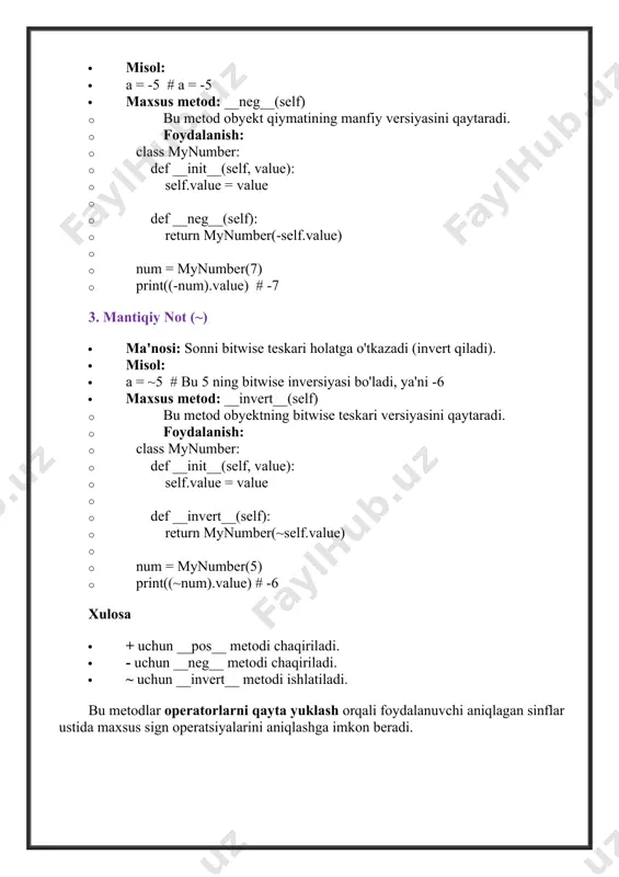 . quyida misol keltirilgan: class mynumber: def __init__(self, value): self.value = value def __abs__(self): return abs(self.value) # standart absolyut qiymatni qaytarish # mynumber obyektini yaratamiz num = mynumber(-10) # abs() funksiyasini chaqiramiz print(abs(num)) # natija: 10 ko'p ishlatiladigan joylar 1. oddiy sonlar: abs() musbat qiymatni qaytaradi. 2. print(abs(-7)) # 7 3. print(abs(3)) # 3 4. foydalanuvchi aniqlagan sinflar: abs() obyekt uchun maxsus hisobni amalga oshirishi mumkin. 5. class vector: 6. def __init__(self, x, y): 7. self.x = x 8. self.y = y 9. def __abs__(self): 10. # vektorning uzunligini qaytaradi 11. return (self.x**2 + self.y**2)**0.5 12. v = vector(3, 4) 13. print(abs(v)) # 5.0 (pifagor teoremasi) xulosa · __abs__() obyektning absolyut qiymatini aniqlash uchun maxsus metod. · bu metod foydalanuvchi aniqlagan sinflarga abs() funksiyasi bilan ishlash imkonini beradi. · standart maqsad: sonlar, vektorlar va boshqa matematik obyektlar ustida ishlashda foydali. solishtirish operatorlari bu metodlar python'dagi solishtirish operatorlari uchun ishlatiladi. ular …