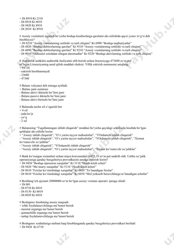 bari miqdorida bo‘lgan aktivlar - bir yildan ko‘proq muddatda ishlatiladigan va qiymati eng kam ish haqining 5 barobari miqdorida bo‘lgan aktivlar # asosiy vositalarni kompaniya aksiyalari evaziga sotib olish pul mablag‘lari oqimi hisobotining quyidagi bo‘limida aks ettiriladi: + investision faoliyat - pulsiz operasiyalar - moliyaviy faoliyat - operasion faoliyat # asosiy vositalarni kompaniya pul mablag‘iga sotib olish pul mablag‘lari oqimi hisobotining quyidagi bo‘limida aks ettiriladi: + operasion faoliyat - investision faoliyat - moliyaviy faoliyat - pulsiz operasiyalar # asosiy vositalarni ta'mirlash uchun ishlab chiqarish xarajatlari hisobiga zaxira tashkil etilganda qanday buxgalteriya provodkasi beriladi? + dt 8910 kt 2310 - dt 8910 kt 6010 - dt 9420 kt 8910 - dt 2010 kt 8910 # asosiy vositalarni tugatish bo‘yicha boshqa kreditorlarga qarzlarni aks etilishida qaysi yozuv to‘g‘ri deb hisoblaysiz? + dt 9210 “asosiy vositalarning sotilishi va turli chiqimi” kt 6990 “boshqa majburiyatlar” - dt 4820 “boshqa debitorlarning qarzlari” kt 9310 “asosiy …
