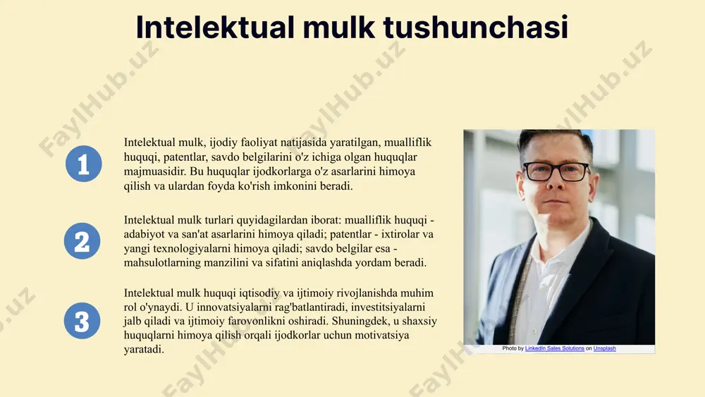 akda yangi imkoniyatlar va muammolar paydo bo'ladi. bular qatorida yangi yondashuvlar, raqobatbardosh muhit va hujjatlarni tayyorlash jarayonlaridagi o'zgarishlar mavjud. xulosa intelektual mulk huquqi iqtisodiy va ijtimoiy ahamiyatga ega bo'lib, innovatsiyalarni rag'batlantirishda muhim rol o'ynaydi. mualliflik huquqi, patentlar va savdo belgilarining turli xil variantlari mavjud bo'lib, ularning har biri o'ziga xos himoya va manfaatlarni ta'minlaydi. yangi qonunchilik va innovatsion iqtisodiyot, global hamkorlik orqali yangi imkoniyatlarni yaratadi. bu jarayonlar intelektual mulk huquqini rivojlantirishda muhim ahamiyatga ega, chunki ular iqtisodiy o'sishga xizmat qiladi. intelektual mulk huquqini himoya qilish va o'zaro hamkorlikni kuchaytirish zarur. bu nafaqat mualliflar va ixtirochilar, balki butun jamiyat uchun foydali bo'ladi. tajriba almashish va hamkorlik orqali innovatsiyalarni rivojlantirishga erishish mumkin. photo by linkedin sales solutions on unsplash 1 2 3 foydalanilgan adabiyotlar 1. akbarov, o. intelektual mulk huquqi: nazariy asoslari va amaliyot. tashkent state university, 2022 2. jumaniyazov, s. intelektual mulk huquqining asoslari va muammolari. uzbekistan law journal, 2021 3. …