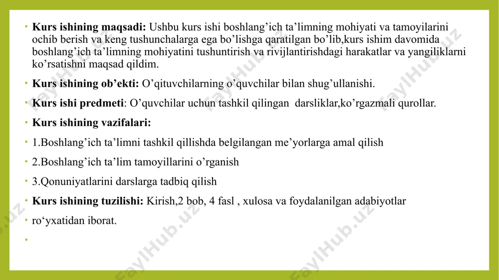sa tarbiyaning obyekti ekanligida ko’rinadi 2.2. boshlang’ich sinf o’quvchilarini o’qitish va tarbiyalash jarayoni ma’lumki. o'qitish jarayoni o'qituvchining va u rahbarlik qiladigan o'quvchilarning izchil faoliyati majmuyidan tashkil topadi. bunda o'quvchilar faoliyatining muvaffaqiyati o'qituvchining oqilona rahbarligiga va yo'naltiruvchi ishlariga bevosita bog’liq bo’ladi. aslida. hozirgi paytda yetakchilik qilavotgan tarbiyalovchi va kamol toptiruvchi ta'lim prinsiplari o’quv jarayoniga, shu jumladam ta'limning asosiy shakli bolm ish darsga o'z ta’sirini ko'rsatishi lozim, o'qitish jarayoniga qo'yiladigan talablar jamiyat rivojlanishining turli bosqichlarida ham doim bir xil bo’lmagan. bu hol jamiyat rivojlanishining qonuniyatlaridan va uning eng muhim vazifasi - yosh avlodni tarbiyalash va o'qitishdan kelib chiqqan. hozirgi kunning talabi o'quv jarayonini o'quvchilarda faqat takrorlashga doir fikrlashni emas, balki ijodiy tafakkurni ham shakllantiradigan yo'sinda tashkil qilishdir. psixologlarning talddlashicha, tafakkur doimo muammo yoki masaladan, ajablanish yoki tushuna olmaslikdan, ziddiyatdan boshlanadi. ana shu lar tufayli ta’limiy muammolar asosida o'qitishda muammoli yondashish tushunchasi boshlang’ich ta’lim pedadogikasi nazarivasi va amaliyotiga faol kirib keladi xulosa ta’lim …