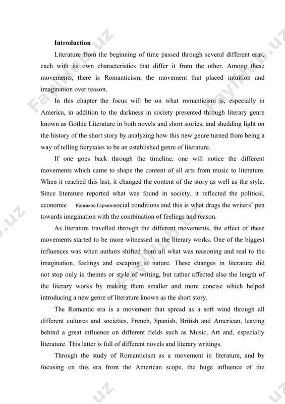 hat inspires the researcher to dig more into the literary world in order ично развитое поколение-основа прогресса узбекистана. ташкент. c. 156-168to figure out the key elements of this second world that the reader travels to whenever he opens a book, and that differs from one book to another. romanticism in literature background romanticism is the name given to a dominant movement in literature and the other arts – particularly music and painting – in the the period from the 1770s to the mid-nineteenth century: · it is regarded as having transformed artistic styles and practices · like many other terms applied to movements in the arts, the word covers a wide and varied range of artists and practices · it is a retrospective term, applied by later literary, art and musical historians. none of the artists we refer to as romantics would have so described themselves · it was a …