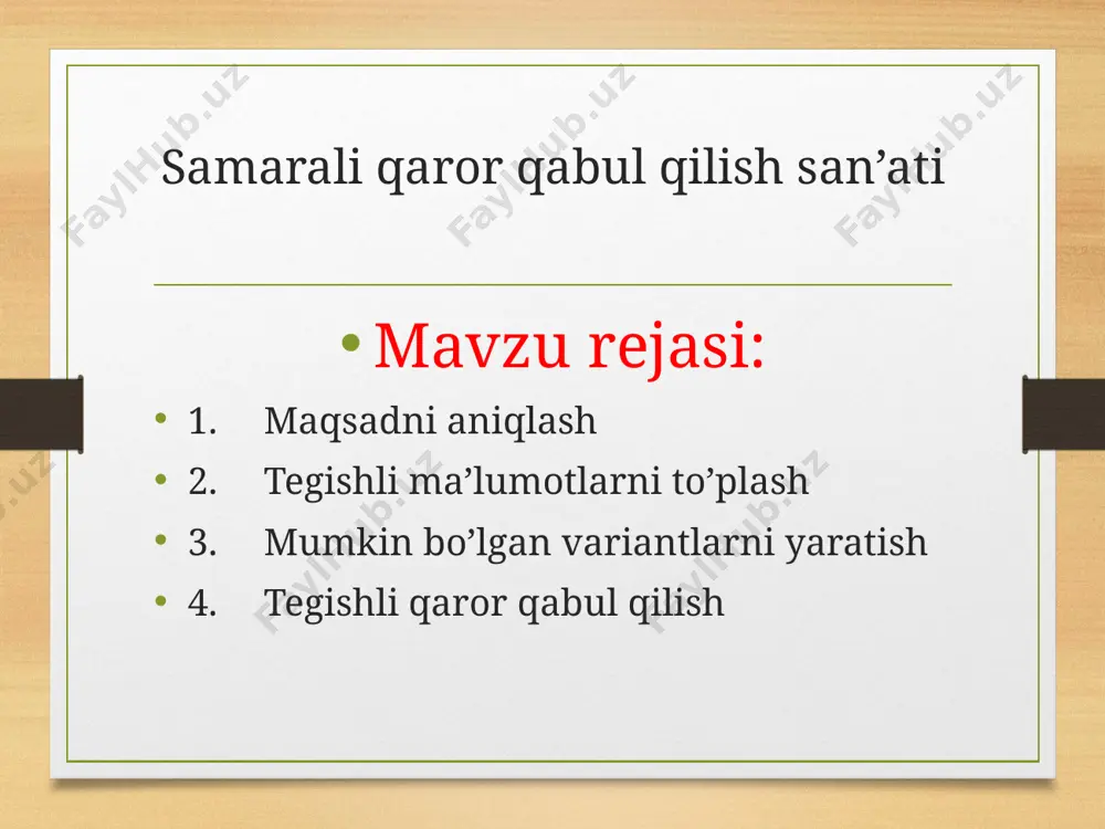 day oxshash odatiy turmush tarzingizdir. o'z ustida doim ishlab, qobiliyatlarini, bilimlarini rivojlantira olmaydigan odam o'rni yo'q odam deganidir. to liq mos bo'imasa niyat bo'lib qolaveradi. kelajak maqsadlaringizni belgilayotganingizda doim ushbu goidalarga diqgat qiling: zavqlanish. o'z oldingizga qo'ygan maqsadingizga erishganingizda,intilishlarimga, urinishlarimga, harakatlarimga yarasha arziydi, deyishingiz kerak.agar belgilagan maqsadingizga erishishingiz sizni xursand qilmasa, barcha qilgan xati - harakatingiz behuda ketgan bo'ladi. boshqalarga zavq beruvchi maqsadlar,sizga mos kelmasligi va sizni baxtli gilmasligi mumkin. o zingiz uchun belgilagan magsadga erishganingizda: «ha, men istaganim aynan shu edi», deya olishingiz kerak. ijodkor inson uning ijodidan har kim bahra olishini istaydi. aslida hayotning ham eng maza joyi shu - barcha hilar bir joyga tutashib, bir-birini achomlab, bir-biriga erib ketishi. insonga hayotda borligini bildirishday oliy missiya yo'q. hamkorlik. shasiy maqsadlaringizni belgilayotganingizda, o'shamaqsadingizga erishish yo'lida yoningizdagi sheriklarning fikrlarini hisobgaalmsangiz, ulani o'z magsadingizga hamkor qilmasangiz muvaffaqiyatsizikka uchingsiz. masalan, nafagaga chiganimdan key in tabiat qo'ynida yashayman, tog'- aditar bag riga joylashaman, …