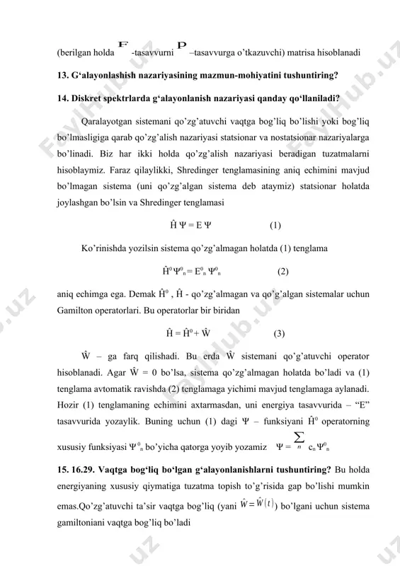 lqin uzunligi kichik bo’lsa,sistema xossalari o’zining klassik xossalariga yaqin bo’ladi.hozir biz sistemaning «kvaziklassik » xossalarini yanada batafsilroq qarab chiqamiz.buning uchun shredinger tenglamasi da quyidagicha almashtiruv o’tkazamiz: u holda uchun quyidagi tenglamani olamiz: (1) sistema o’zining xossalariga ko’ra deyarlik klassik deb faraz qilinganligi uchun ni darajalari bo’yicha qator ko’rinishida axtaramiz: (2) biz eng soda holni-bitta zarraning biro’lchamli harakatini qarab chiqamiz. (1) tenglama 24. 26. kvaziklassik chegaraviy shartlar.bizda x=a burilish nuqtasi bo’lsin (demak,e=u(a) bo’ladi) hamda barcha x>a nuqtalarda u>e ,ya’ni burilish nuqtasining o’ng tomoni klassik jihatdan kirib bo’lmaydigan soha bo’ladi.zarraning to’lqin funksiyasi ana shu sohada so’nadigan funksiya bo’ladi.burilish nuqtasidan yetarlicha uzoqda bu funksiya (10) ko’rinishga ega bo’ladi.bu funksiya (9) ning birinchi hadiga mos keladi.burilish nuqtasining chap tomonidagi to’lqin funksiya shredinger tenglamasining ikkita yechimi bo’lgan (8)ning haqiqiy kombinatsiyasi tariqasida tasvirlanmog’i zarur bo’ladi: (11) bu kombinatsiyadagi koeffitsiyentlarni aniqlash uchun to’lqin funksiyasining (x-a) ning musbat qiymatidan (x-a) ning manfiy qiymatigacha o’zgarishi ketidan kuzatish lozim bo’ladi …