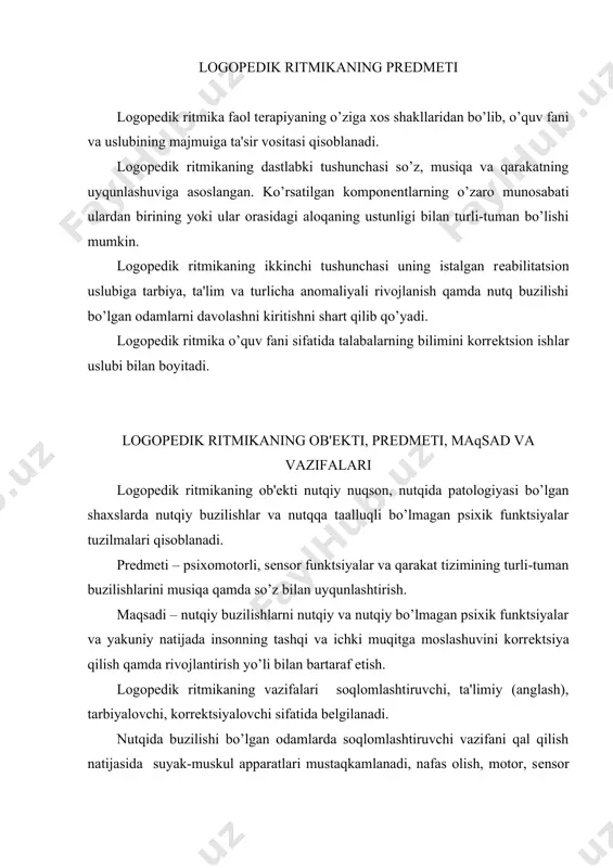 shlash, chiroyli qarakat tarbiyalanadi. ta'lim bеruvchi vazifaning amalga oshirilishi qarakat malakasi va ko’nikmasining shakllanishiga, makon tasavvurlari va qobiliyati ixtiyoriy ravishda borliqda boshqa odamlar va prеdmеtlarga nisbatan siljish, epchillik, kuch, chidamlilik, bir qarakatdan boshqasiga o’tish, qarakatlarning uyqunlashuvi, tashkilotchilik qobiliyatining rivojlanishiga imkon bеradi. ta'limiy vazifalarni amalga oshirishda nutqiy patologiyasi bo’lgan odamlar mеtroritmika, musiqiy madaniyat, musiqiy idrok va ta'sirchanlik soqasidagi nazariy bilimlarni o’zlashtiradilar. tarbiyaviy vazifalarni qal qilish nutqiy patologiyasi bo’lgan odamlarda aqliy, ma'naviy, estеtik va mеqnat tarbiyasida yordam ko’rsatadi. tarbiyaviy vazifalarni qal qilish aynan quyidagilarga ko’maklashadi: oqangni sеzish, musiqada, qarakatda va nutqda oqang ta'sirchanligini qis qilish qobiliyatini rivojlantirish; musiqiy obrazlar va malakani ushbu obraz bilan mos ravishda oqangli, ta'sirchan qarakatlantira olish qobiliyatini rivojlantirish, ya'ni yangicha shakl olishni uddalash, badiiy-ijodiy qobiliyatni ko’rsata olish; ijobiy shaxsiy sifatlar, jamoatchilik tuyqusi, turli faoliyat turlarining qoidalarini o’rganish va boshqalarni tarbiyalash. mashqulotlarning korrеktsion yo’nalishi nutqiy buzilishlar mеxanizmi va tuzilmalarini, logopеdik ishning bosqichliligi va majmuaviyligini qisobga olishni shart qilib qo’yadi. …