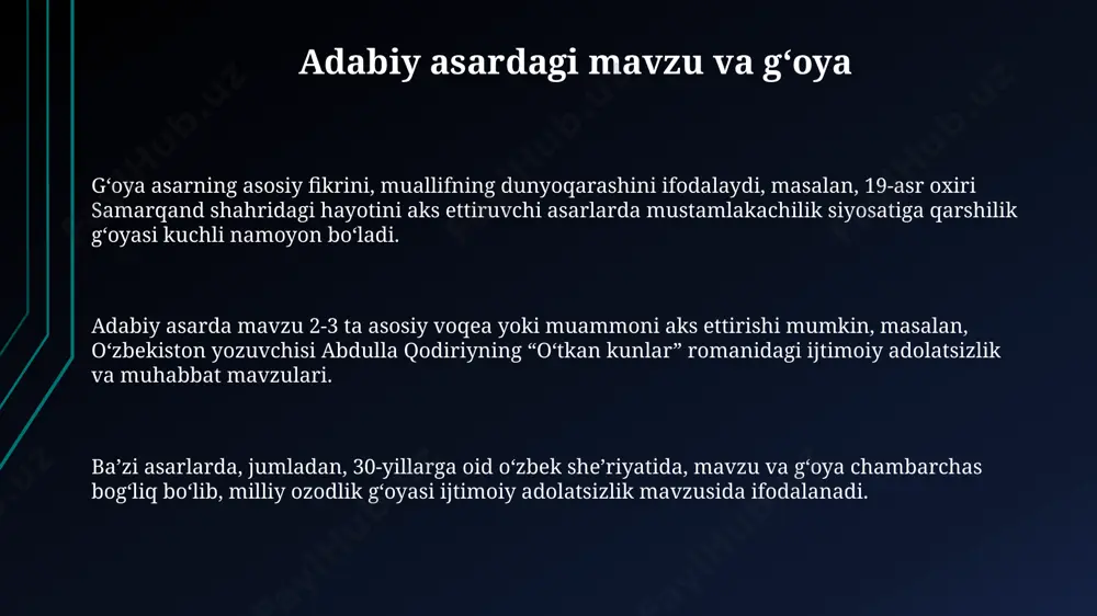 4 ta asosiy nazariyasi qoʻllanilishi mumkin. muallifning asardagi gʻoyasi 20-30 betlik hikoyada 10 dan ortiq ramziy tasvirlar va 5 ta asosiy mavzu orqali ifodalanadi. bu esa oʻquvchida aniq bir xulosa va taassurot qoldiradi. e'tiboringiz uchun rahmat @taqdimot_robot