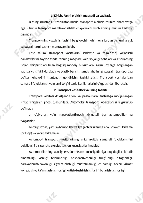 ar bilan birgalikda iloji boricha maksimal o‘rtacha telik bilan harakatlana olishi tushuniladi. avtomobilning yonilg‘i tejamkorligi deyilganda, uning harakatlanishi uchun yoqilayotgan yonilg‘i quvvatidan oqilona foydalanish tushuniladi. avtomobilning boshqaruvchanligi - bu uning boshqariluvchi g‘ildiraklari holatiga ko‘ra harakat yo‘nalishini o‘zgartira olish xususiyati. avtomobilning turg‘unligi deyilganda uning sirg‘anib ketish, sirpanish va ag‘darilishga qarshi tura olishi tushuniladi. avtomobilning o‘tag‘onligi uning og‘ir yo‘l sharoitlari va yo‘ldan tashqarida (qorli yoki qumli qo‘riqlarda, balchiq joylarda) harakatlana olish hususiyatidir. avtomobilning harakatlanish ravonligi deyilganda uning notekis yo‘llarda katta tezlik bilan harakatlanishida kuzovi (saloni)ning tebranmasligi tushuniladi. avtomobilning sig‘dira olish xususiyati undagi bir vaqtda tashiladigan yuklar miqdori yoki passajirlar soni tushuniladi. avtomobilning mustahkamlik xususiyati uning tuzatish uchun zarur bo‘lgan vaqt talab etuvchi sinishlar va buzilishlarsiz ishlash hususiyatidir. avtomobilning chidamliligi bu uning tuzatish uchun ekspluatatsiyadan to‘xtatishni talab etuvchi qismlarining jadal eskirishsiz ishlash xususiyatidir. avtomobilning texnik xizmat ko‘rsatish va ta’mirlashga mosligi uning konstruksiyasi bilan bog‘liq bo‘lib, bunday ishlarni yengil va osonlik bilan hamda qisqa …