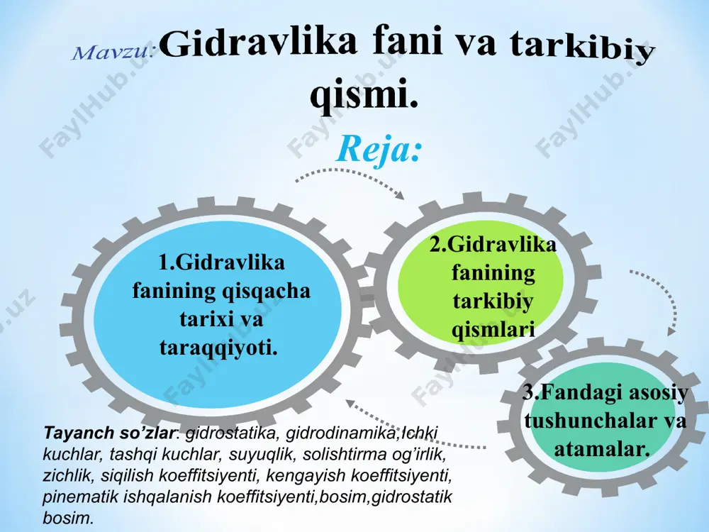 gi inshootlarning gidravlik hisobini o’rgatish, amaliyotda tadbiq etish ko’nikmasini hosil qilishdan iborat. gidravlika fani maqsadga yerishish uchun fan talabalarni nazariy bilimlar, amaliy ko’nikmalar, gidravlik jarayonlani baholashda uslubiy yondashuv hamda ilmiy dunyo qarashni shakllantirish vazifalarini bajaradi. 1.gidravlika fanining qisqacha tarixi va taraqqiyoti. gidravlika fani ona tabiatimizning eng oliy ne‘matlaridan biri - suyuqlik deb ataluvchi fizik jism haqida, uning hozirgacha ma‘lum qonuniyatlari haqida ma‘lumot beradi. “mintaqaning yana bir muammosi suvni muhofaza qilish va tejash tadbirlari majm uini amalga oshlrisit zaruriyatl bilan bog 'liqdir. bu tadbirlar suvning isrof bolishini eng kam darajaga keltirishni... o'z ichiga oladi”. i.a.karimov cidravlika fani o’z navbatida suyuqliklar statikasi - «gidrostatika» va suyuqliklar dinamikasi- «gidrodinamika» bo’limlarga bo’linib, ikkinchi bo’lim – suyuqliklar kinematikasi ni ham o’z ichiga oladi. * gidravlikaning fan sifatida shakllanishiga o‘z hissasini qo‘shgan olimlar. asrlarda shezi, darsi, bussinesk, veysbax va boshqa olimlarning ishlari hozirgi zamonda gidravlika deb ataluvchi amaliy fannning asosi bo‘ldi. asrlarda yashagan buyuk matematik mexanik …