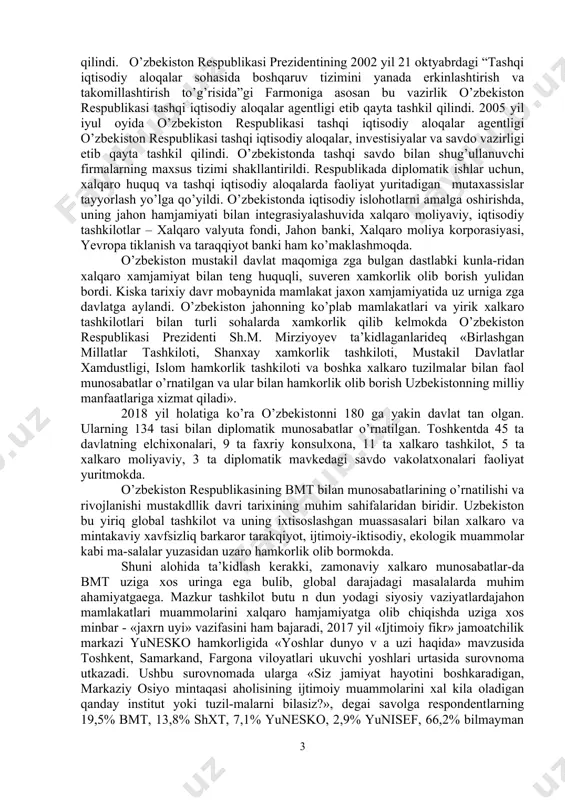 blika mustaqil tashqi siyosiy faoliyatining huquqiy asoslari, prinsiplari, maqsad va vazifalari o’zining qonuniy aksini topdi. o’zbekiston respublikasi tashqi siyosatining asosiy tamoyillari quyidagilardan iborat: · mafkuraviy qarashlardan qat’i nazar hamkorlik uchun ochiqliq umuminsoniy qadriyatlarga, tinchlik va havsizlikni saqlashga sodiqlik; · davlatlarning suveren tengligi va chegaralar dahsizligini hurmat qilish; · boshqa davlatlarning ichki ishlariga aralashmaslik; · nizolarni tinch yo’l bilan hal qilish; · kuch ishlatmaslik va kuch bilan tahdid qilmaslik; · inson huquqlari va erkinliklarini hurmatlash; · ichki milliy qonunlar va huquqiy normalardan xalqaro huquqning umum e’tirof etilgan qoidalari va normalarining ustuvorligi; · davlatning, xalqning oliy manfaatlari, faravonligi va havfsizligini ta’minlash maqsadida ittifoqlar tuzish, hamdo’stliklarga kirish va ulardan chiqish; · tajovuzkor harbiy bloklar va uyushmalarga kirmaslik; · davlatlararo aloqalarda teng huquqlilik va o’zaro manfaatdorliq davlat milliy manfaatlarining ustunligi; · tashqi aloqalarni ham ikki tomonlama, ham ko’p tomonlama kelishuvlar asosida rivojlantirish, bir davlat bilan yaqinlashish hisobiga boshqasidan uzoqlashmaslik. istiqlolning dastlabki yillaridan boshlab o’zbekiston …