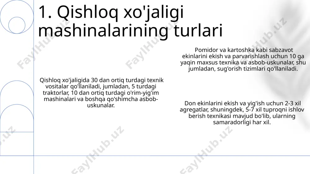 ri va texnik xizmati zamonaviy avtomatlashtirilgan traktorlar gps va sensorlardan foydalanib, 5% gacha yonilg'i sarfini kamaytirib, aniq dehqonchilikni amalga oshiradi. avtomatlashtirilgan sug'orish tizimlari, o'simliklarning suv ehtiyojini aniqlash orqali, suv sarfini 30% gacha tejash imkonini beradi. qishloq xo'jaligida avtomatlashtirish tufayli o'g'itlash samaradorligi 15-20% ga oshdi, bu esa resurslarni tejash va hosildorlikni oshirishga yordam beradi. 8. qishloq xo'jaligida avtomatlashtirish zamonaviy traktorlarning 90% dan ortig'i gps-asosidagi avtopilot tizimlari bilan jihozlangan bo'lib, bu o'simliklarni ekish va hosilni yig'ishda aniqlikni 2-3 sm gacha oshiradi. dalada sensorlar va iot texnologiyalaridan foydalanish tuproqning namligini, o'g'it miqdorini va zararkunandalar sonini aniqlashga yordam beradi, bu esa hosildorlikni 15% gacha oshirishi mumkin. presizion qishloq xo'jaligi texnologiyalari, jumladan, drone-lardan foydalanish, 30% gacha pestisidlar va o'g'itlar sarfini kamaytirib, atrof-muhitga salbiy ta'sirni minimallashtiradi. 9. zamonaviy qishloq xo'jaligida gps va boshqa texnologiyalar gps navigatsiyasi va avtomatlashtirilgan boshqaruv tizimlari traktorlarning harakat yo'nalishini optimallashtirib, yonilg'i sarfini 10% ga qadar kamaytirishi mumkin. energiya tejaydigan traktorlar yonilg'i sarfini …