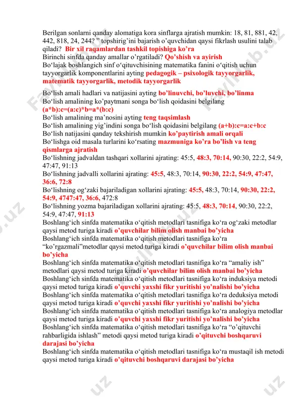 000 sonlarining oʻng tomonidan 1 tadan 0 olinsa, ularning qiymati qanday oʻzgaradi agar 5 000, 30 000, 46 000 sonlarining oʻng tomonidan 2 tadan 0 olinsa, ularning qiymati qanday oʻzgaradi agar 5 000, 30 000, 46 000 sonlarining oʻng tomoniga 1 tadan 0 yozilsa, ularning qiymati qanday oʻzgaradi agar 5 000, 30 000, 46 000 sonlarining oʻng tomoniga 2 tadan 0 yozilsa, ularning qiymati qanday oʻzgaradi ayirish amali hadlari va natijasini ayting ayirish amalining sondan yigʻindini ayirish qoidasini belgilang,a-(b+c)=(a-b)-c=(a-c)-b ayirish amalining yigʻindidan sonni ayirish qoidasini belgilang. (a+b)-c=(a-c)+b=a+(b-c) ayirish amalining yigʻindidan yigʻindini ayirish qoidasini belgilang.(a+b)-(c+d)=(a-c)+(b-d) ayirish natijasini qanday tekshirish mumkin qo’shish amali orqali ayirmani topishda qanday yondoshuvlar qoʻllanadi. qism to’plab to’ldirmasini topib, son o’qidan foydalanib, miqdorlarni o’lchab berilgan ifodani turli usullarda o’qing: 16-5” topshirig’ini bajarish o’quvchidan qaysi fikrlash usulini talab qiladi? berilgan sonlarni qanday alomatiga kora sinflarga ajratish mumkin: 18, 81, 881, 42, 442, 818, 24, 244? ” topshirig’ini bajarish o’quvchidan …