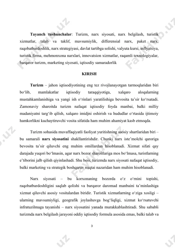 mkin. qulay narx siyosati risklarni ham boshqaradi: kurs tebranishi, yoqilg‘i va logistika xarajatlari, siyosiy-iqtisodiy shoklar, havfsizlik omillari kabi noaniqliklarda dinamik narx belgilash, oldindan bron qilish chegirmalari, qaytarib bo‘lmaydigan tariflar va “narx to‘siqlari” yordam beradi. uzoq muddatda narx siyosati mijoz ishonchi va brend kapitali bilan bog‘liq: haddan tashqari agressiv chegirma yoki notekis tariflar sifat idrokini pasaytirishi mumkin, shaffof va asosli narx tamoyillari esa qaytuvchi oqim va ijobiy sharhlarni kuchaytiradi. shunday qilib, narx siyosati turistik korxona marketingi, moliyasi va operatsiyalarini bog‘laydigan “markaziy nerv tizimi” bo‘lib xizmat qiladi. narx siyosatining turizm sohasidagi o‘rni turizmda “narx” marketing kompleksining yadro unsuridir, chunki mahsulot (marshrut, mehmonxona, ekskursiya) ko‘pincha o‘zgarmas quvvatga ega va tezda “eskiradigan” (perishability) inventardan iborat. narx yordamida talab vaqt va segmentlarga bo‘linadi: erta bron qiluvchilar, hafta o‘rtasi sayohatchilar, mahalliy aholiga maxsus tariflar, talab yuqori cho‘qqilarida differensial narxlashtirish kabi usullar daromadni silliqlaydi. narx shuningdek kanallar strategiyasini boshqaradi: rasmiy sayt, agentliklar va platformalar o‘rtasida narx pariteti, …