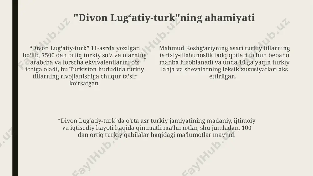 i aks ettiradi. kitobning yozilishida mahmud kashgʻariy geografik joy nomlari, etnografik maʼlumotlar va turkiy xalqlarning turmush tarzi bilan bogʻliq 200 dan ortiq misolni qoʻllagan. "divan lugʻatiy-turk" 1072-1077 yillar oraligʻida, xitoyning kashgar shahrida, mahmud kashgʻariy tomonidan yozilgan boʻlib, turkiy tillarning birinchi lugʻati hisoblanadi. geografiya va etnografiya maʼlumotlari divan lug'ati't-turk'da 80 dan ortiq turkiy xalqlarning 70 ga yaqin yashash hududlari, shu jumladan, qashg'ar, balx va xorazm kabi shaharlarning geografik joylashuvi aniq ko'rsatilgan. kashg'ariyning asari, 11-asrda yashagan turkiy xalqlarning 100 dan ortiq turli-tuman urf-odatlari, an'analarini va ijtimoiy tuzilmalarini aks ettiruvchi boy etnografik ma'lumotlarga ega. asar o'rta osiyo, janubiy sibir va mo'g'ulistonning turli qabilalari va ularning 40 ga yaqin etnik guruhlar haqidagi ma'lumotlarni o'z ichiga oladi. tarix va madaniyat aks ettrishi kitobda 80 dan ortiq turkiy qabila va ularning dialektlariga oid ma'lumotlar mavjud bo'lib, bu esa 11-asrda turkiy xalqlarning keng geografik tarqalishini va madaniy xilma-xilligini tasdiqlaydi. divan lughati't-turk 11-asrda yozilgan bo'lib, unda 7500 dan …