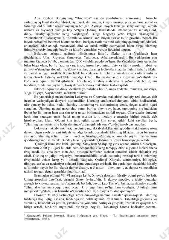 lar: baqtriya va so‘g‘diyona, marg‘iyona, xorazm, parkana, parfiya kabi o‘lkalarda xalq xo‘jaligining turli sohalarida rivojlanish ro‘y bergan. eramizdan oldingi ix-vi asrlarda paydo bo‘lgan ahmoniylar, eramizdan avvalgi iii asr o‘rtalarida tashkil topgan grek-baqtriya, eramizning i asrida tashkil topgan kushonlar, eramizning v asrida yuzaga kelgan eftalitlar, so‘ngra sosoniylar va, nihoyat, turk xoqonligi davlatlarida madaniyat yuksala bordi. eng qadimgi tarbiya haqidagi yodgorliklar bizgacha bevosita yetib kelmagan. turkiy va forsiyzabon xalqlarning hayot kechirish san’ati, donolik majmuasi sifatida yuzaga kelib, borliqqa amaliy munosabatda bo‘lishning namunasi tarzida e’tirof etilgan ma’naviy madaniyat yodgorliklari qadimgi grek tarixchisi gerodotning “tarix”, strabonning “geografiya” hamda mahmud koshg‘ariyning “devonu lug‘atit-turk” kabi asarlari, urxun-enasoy bitiklari kabi adabiy-tarixiy manbalarda saqlangan. ushbu yodgorliklar mohiyatini o‘rganish insonning shakllanishida moddiy va ma’naviy madaniyat qay darajada katta o‘rin tutganidan dalolat beradi. ayniqsa, turkiy xalqlarning yozma ma'rifiy yodgorliklari o‘ziga xos xususiyatga ega bo‘lib, pedagogika tarixi, xususan, yosh avlod tarbiyasida muhim ahamiyat kasb etadi. bular “urxun-enasoy yodgorliklari”, “irq bitigi” (“ta'birnoma”) …