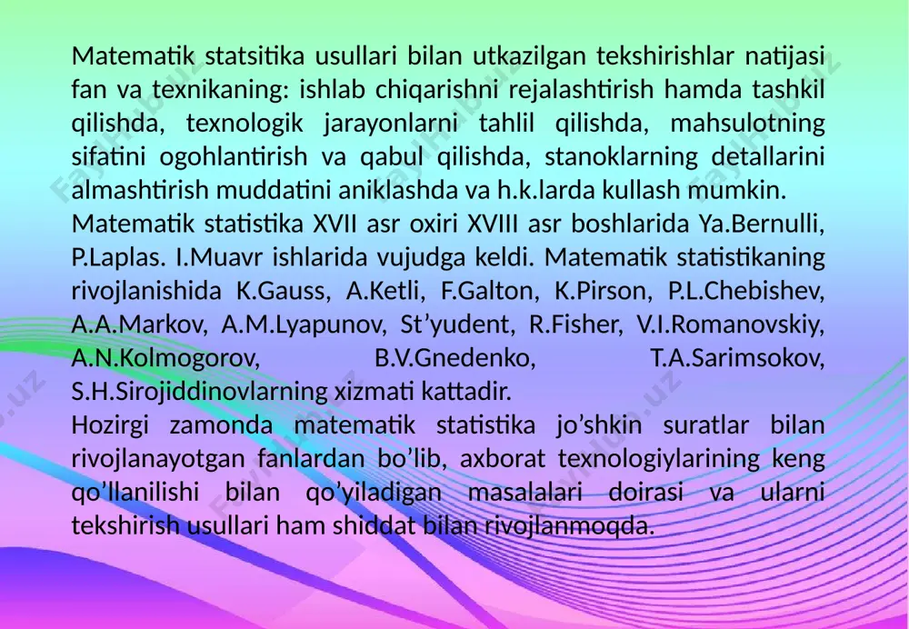uvofiqdir. mexanik (beixtiyor, bilmasdan) tanlash deb, shunday tanlashga aytiladiki, bunda bosh to’plam tanlamaga nechta obyekt kirishi lozim bo’lsa, shuncha guruhga mexanik ravishda ajratiladi va har bir guruhdan bittadan obyekt olinadi. seriyali tanlash deb shunday tanlashga aytiladiki, bunda obyektlar bosh to’plamdan bittalab emas balki, «seriyalab» olinadi va ular yalpi tekshiriladi. masalan, mahsulotlar katta guruh stanok-avtomatlar tomonidan tayyorlanayotgan bo’lsa, u holda faqat bir nechta stanokning mahsulotlari yalpi tekshiriladi. seriyali tanlashdan tekshirilayotgan belgi turli seriyalarda uncha o’zgarmagan holda foydalaniladi. 2. 1) tanlanmaning statistik taqsimoti. bosh to’plamdan hajmli tanlanma olingan bo’lsin. bunda belgi marta, belgi marta va hokazo, belgi marta kuzatilgan bulsin. ravshanki,. . odatda kuzatilgan belgilar variantalar, kuzatishlar soni ni lar esa chastotalar deyiladi. 1-ta’rif. variantalarning o’sib borish tartibida yozilgan ketma-ketlik variasion qator deyiladi. variasion qator va uning mos chastotalari ushbu jadval orqali yoziladi. 2-ta’rif. miqdor nisbiy chastotalar deyiladi va wi kabi belgilanadi. ta’rifga asosan: natijada variantalarga mos nisbiy chastotalarga ega bo’lamiz va …