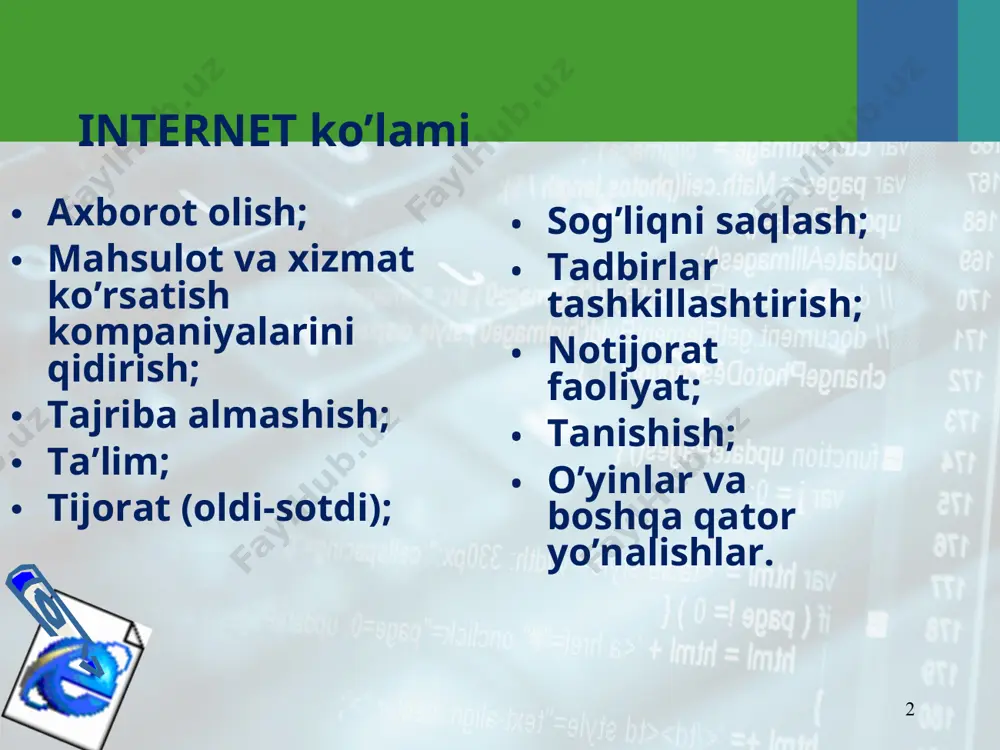 ifaning asosiy qismi; * * * oddiy matnlar bilan ishlash * * matnni formatlash * * matnni formatlash teglari i – (italic) yotiq shrift informatika yoki b – (bold) quyuq shrift informatika yoki u – (underline) tagiga chizilgan shrift informatika * * abzatsni formatlash * * - yangi abzats * * - yangi qator hosil qilish * * align atributi – abzatsni tekislash * * abzatsni tekislash - abzatsni ekranning chap chegarasiga nisbatan tekislaydi. - abzatsni ekranning markaziga nisbatan tekislaydi. - abzatsni ekranning o’ng chegarasiga nisbatan tekislaydi. - abzatsni ekranning har ikki chegarasiga nisbatan tekislaydi. * * shriftlar bilan ishlash garnitura: o’lcham: 1 avto qo’yiladigani: size=3 * * shrift o’lchamlaridan namunalar * * sarlavhalar turlari * * ro’yxatlar tashkil etish нодир; наргиза; наримон. нодир; наргиза; наримон. ro’yxatlarning turlari * * maxsus belgilar ketma-ketligi qo’shtirnoq 1)«» - &laquo; va &raquo; 2) „“ - &bdquo; va &rdquo; 3) ”“ - &ldquo; va …