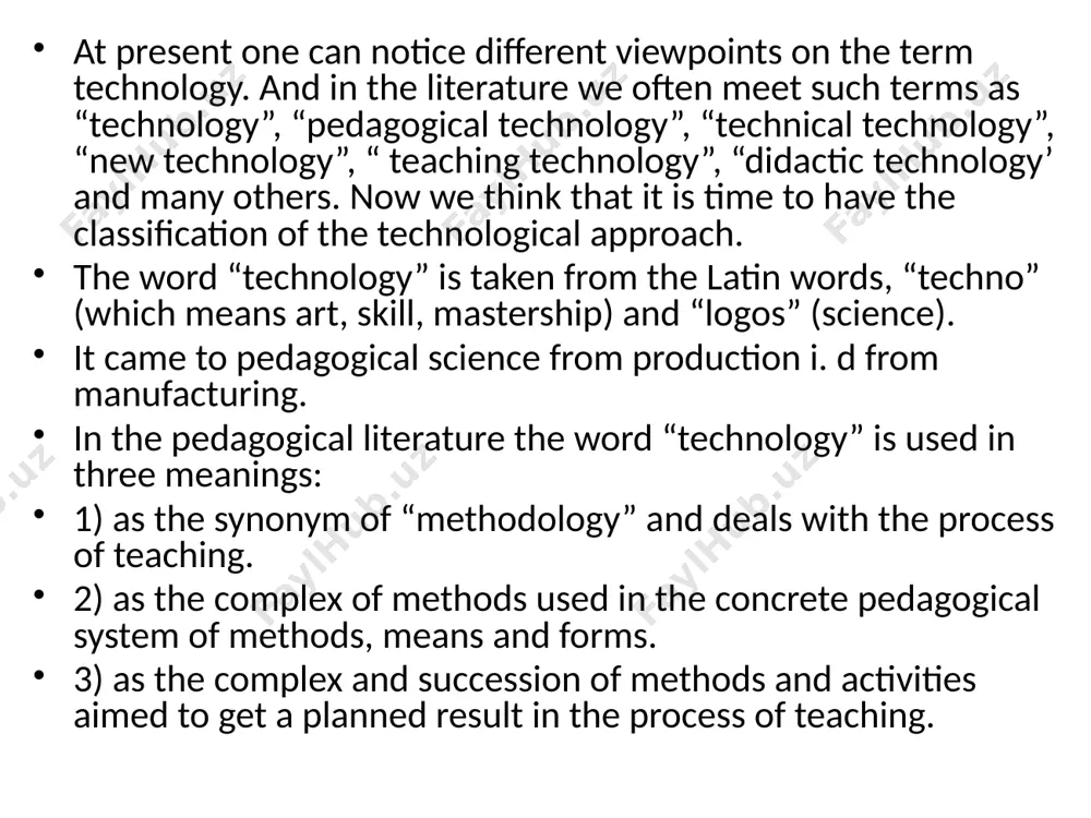 ng planned production; 3) guaranteed result of producing planned production. and the technological approach used in education has four features: 1) the well planned project of the teaching process; 2) motivation of the learners for the theme being learned; 3) a strict succession of the activities directed to learn the objective; 4) a guaranteed result in achieving the goal of the lesson. as it is stressed above there exist several terms with the word technology and each has its own characteristic features, content and function. the term ”educational technology” is used in abroad and “pedagogical technology’ in our country. in order to make it more clear the functions, features and practical use of the terms with the word technology we’d like to present the following types of it. thanks to informational technologies we can preserve all information and easily, choose one that we need. technical technology is used in manufacturing …