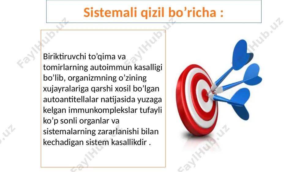 mınımal (i) nofaol davrı (remıssııa) «kapalak»eksýda- tıv erıte- ma, dısko- ıd volchan- ka, kapılıarıt,pýrpýra va boshq. artralgııa ўtkır, ўtkır ostı, sýrýnkalı polıart- rıt polıse- rozıt (plevrıt, perıkar- dıt,perıvıstsırıt) ekssýdatıv qýrýq adgezıv миокардит, эндокардит митрал клапанларишмовчи-иги, кардиосклероз, миокард дистрофияси ўtkır, sýrýnkalı pnevmonıt pnevmoskleroz dıffýz glomerýlonefrıt nefrotık ёkı aralash tıpı. ýchoklı nefrıt. sýr nefrıt menıngo- entsefalopolıradıkýlonevrıt, polınev-rıt. entsefalonevrıt. polиневрит klassifikatsiyasi (b. a. nasonov, 1972 ) kechishiga ko’ra o’tkir o’tkir osti surunkali klassifikatsiya : aktivligiga ko’ra aktiv yuqori o’rta noaktiv minimal klinik- morfologik variantlari : teri kapalak, eksudativ eritema diskoid volchanka, kapilyarit bo’g’im artralgiya poliartrit ( o’tkir, o’tkir osti , surunkali ) seroz pardalar poliserozit ( plevrit, perikardit ,perivitserit ) adgeziv, quruq , eksudativ ko’rinishida yurak o’pka buyrak nerv sistemasi miokardit ( o’choqli , diffuz ) endokardit ( mitral klapan yetishmovchiligi, kardioskleroz ) pnevmonit ( o’tkir , surunkali ) pnevmoskleroz diffuz glomerulonefrit ( nefrotik yoki aralash tipda ) o’choqli nefrit meningo-ensefalo-poliradikulonevrit ensefalonevrit skv …