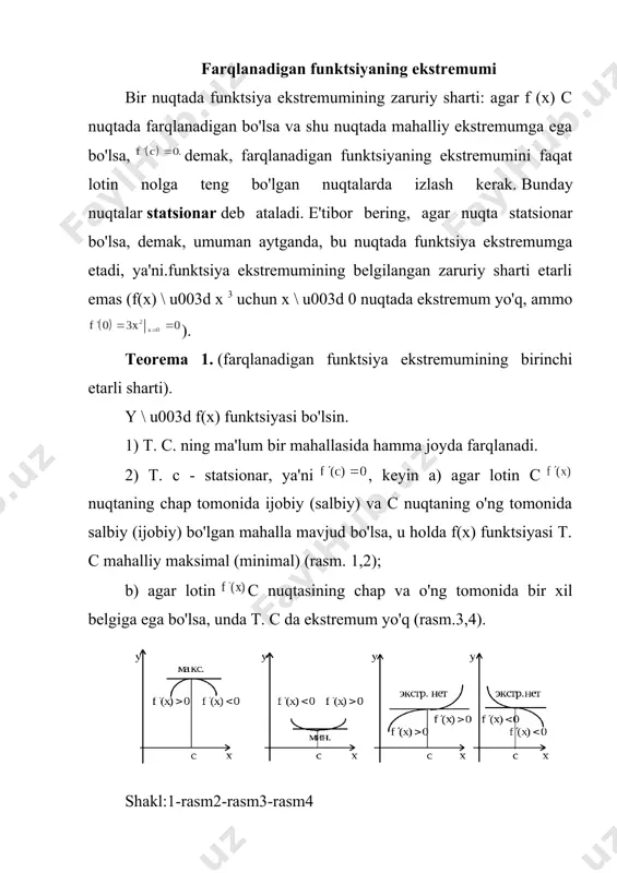 ti). y \ u003d f(x)funktsiyasi bo'lsin 1) t. s ning ma'lum bir mahallasida hamma joyda lotin mavjud; 2) t. c-statsionar: (c) \ u003d 0; 3) t. s. da oxirgi ikkinchi hosilaga ega. keyin , agar bo'lsa, unda t. x\u003d c f(x) mahalliy maksimal darajaga ega, agar x \ u003d c f(x) nuqtada u mahalliy minimal darajaga ega bo'lsa. eslatma. 2-teorema t. x \ u003d s da mavjud bo'lmagan yoki mavjud bo'lmagan taqdirda ekstremumning mavjudligi to'g'risida javob bermaydi, bu holda t. s dagi funktsiyaning xatti-harakati ekstremumning birinchi etarli sharti yordamida o'rganilishi kerak. misol. funktsiyaning ekstremumini toping biz hosilani hisoblaymiz: hosila butun son o'qida aniqlanadi va farqlanadi. tenglamani yechib, statsionar nuqtalarni topamiz . bepul muddatli omillarni ko'rib chiqaylik : . bu erdan biz x 1 \ u003d -1 ildizini olamiz. x + 1 ga bo'linib, biz olamiz: kvadrat tenglamani echishda x 2+2x-4 \ u003d 0 , biz olamiz x 2 \ u003d …