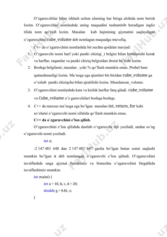 std; int main() { int a, b; cin>>a>>b; int c = a + b; cout - kiritish chiqarish(cin, cout)bilan ishlash uchun e’lon qilinadigan kutibxona. using namespace std – standart kutibxonalardan foydalanganda har bir dasturda uni yozish lozim int a, b – a va b o’zgaruvchilarni tavsiflash cin>>a>>b cin – oz’garuvchilar qiymatlarini kiritish uchun xizmat qiladi. dastlab kiritilgan sonni a o’zgaruvchi , keying kiritilgan sonni b o’zgaruvchi o’zida saqlaydi. sonlarni probel yoki enter bilan ajratilagan holda kiritish mumkin. int c = a + b – o’zgaruvchi a va b larning qiymatlari yig’indisini o’zlashtiradi. bunda a va b larning qiymatlari o’zgarmaydi. cout int main() { int num = -27; int number = 27; float f = 123.456; char r = 'a'; char str[4] = "abc"; printf("%d\n",num); /* -27 */ printf("%u\n",number); /* 27 */ printf("%o\n",number); /* 33 */ printf("%x\n",number); /* lb */ printf("%f\n",f); /* 123.456001 */ printf("%e\n",f); /* 1.23456e+02 */ printf("%e\n",f); /* 1.23456e+02 …