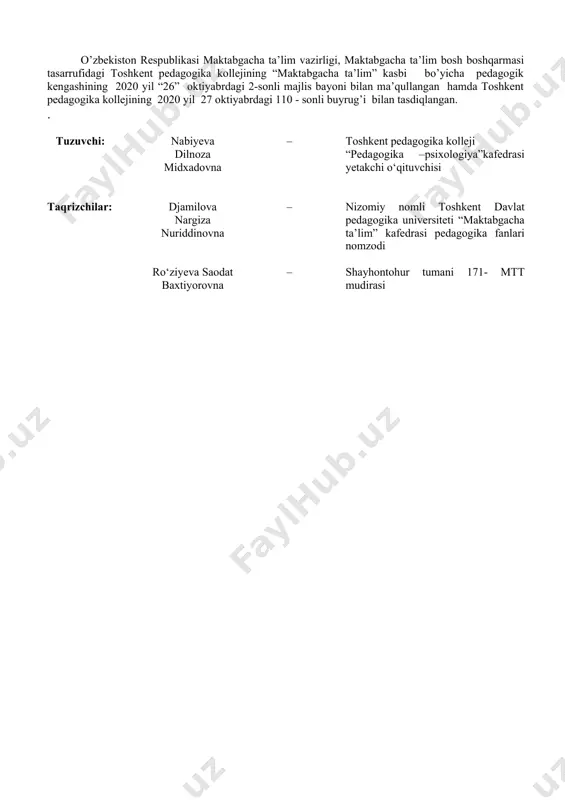 ni tashkil etish. maktabgacha yoshdagi bolalarda madaniy-gigiyenik ko‘nikma va odatlarni tarbiyalash. 2 n 2 ii-bo‘lim. maktabgacha yoshdagi bolalarni jismoniy rivojlanishi 6 bolalarni jismoniy rivojlanishida “ilk va maktabgacha yoshdagi bolalar rivojlanishiga qo‘yiladigan davlat talablari”sohalarini o‘rganish davlat talablari bo‘yicha turli yosh guruhlarda bolalarni jismoniy tarbiyalashda “ilk va maktabgacha yoshdagi bolalar rivojlanishiga qo‘yiladigan davlat talablari” sohasini o‘rganish. 2 n 7 “ilk qadam” davlat o‘quv dasturini jismoniy rivojlanish va sog‘lom turmush tarzini shakllantirish sohasi kompetensiyalari bilan tanishtirish ”ilk qadam”davlat o‘quv dasturida jismoniy rivojlanish va sog‘lom turmush tarzini shakllantirish bo‘yicha turli yosh guruhlar bilimlarini o‘ziga xos xususiyatlarini aniqlash va solishtirish. 2 n 2 8 мттda ilk yoshdagi bolalarni jismoniy rivojlanishi mazmuni ilk yoshdagi bolalarning psixologik rivojlanishida jismoniy tarbiya mashqlarining ahamiyati, o‘ziga hos xususiyatlari. ilk yoshli bolalar bilan o‘tkaziladigan chinitirish tadbirlari, jismoniy mashqlar va o‘yinlar. 2 n 9 saflanish va qayta saflanish mashqlari saflanish va qayta saflanish mashqlarini ahamiyati. safda turish mashqlarining turlari. мaktabgacha ta’lim tashkilotlarida …