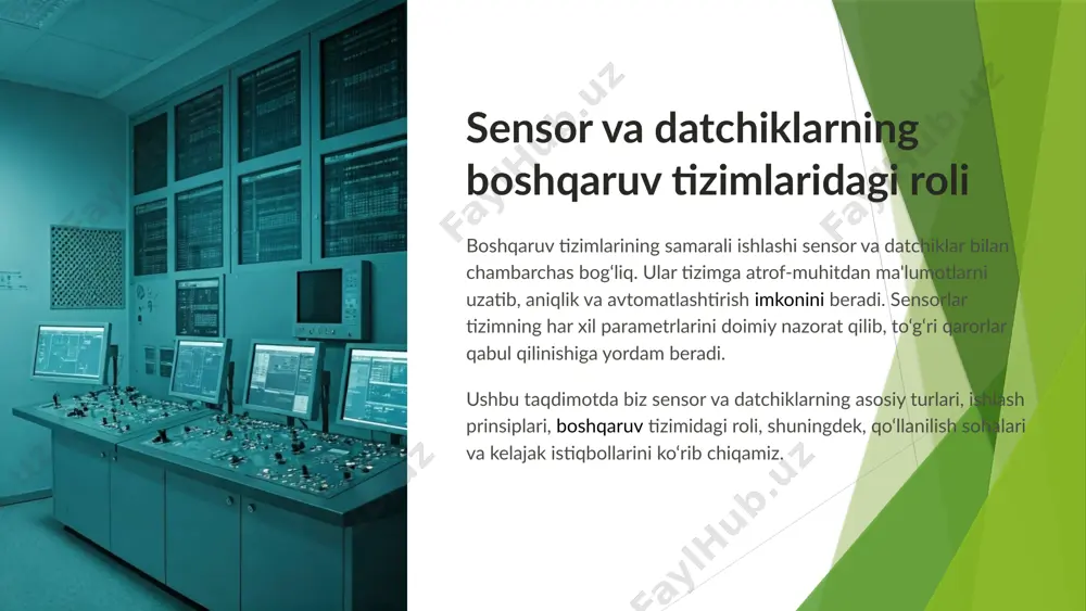 n(" *c"); delay(1000); } sensor va datchiklarni qo'llash sohalari: sanoat, tibbiyot, qishloq xo'jaligi sanoat jarayonlarni avtomatlashtirish, xavfsizlikni nazorat qilish, va resurslarni samarali boshqarishda qo‘llaniladi. tibbiyot kasallar holatini monitoring qilish, diagnostika va jarrohlik robototexnikasida qo‘llaniladi. qishloq xo'jaligi ekini sug‘orish, tuproq va havo sharoitlarini o‘lchash, hosildorlikni oshirish uchun ishlatiladi. 11 xulosa sensor va datchiklar boshqaruv tizimlarining asosiy komponentlaridan biri bo‘lib, ular tashqi muhitdagi fizik yoki kimyoviy o‘zgarishlarni aniqlaydi va ularni elektr signallariga aylantiradi. bu signallar asosida tizim real vaqt rejimida qarorlar qabul qiladi va mos ravishda javob qaytaradi. ular avtomatlashtirilgan boshqaruv, xavfsizlik, samaradorlik va energiya tejamkorligini ta’minlashda muhim rol o‘ynaydi. sensor va datchiklar boshqaruv tizimlarining “ko‘z va qulog‘i” bo‘lib xizmat qiladi — ular holda tizim tashqi muhitdagi holatni aniqlay olmaydi va to‘g‘ri boshqaruv amalga oshira olmaydi. shu sababli, ular zamonaviy avtomatlashtirish va texnologik jarayonlarda ajralmas element hisoblanadi. adabiyotlar 1. mirzayev o'. — "avtomatik boshqaruv tizimlari" 2. podlipskiy v. v. — "tsifrovie sistemi …