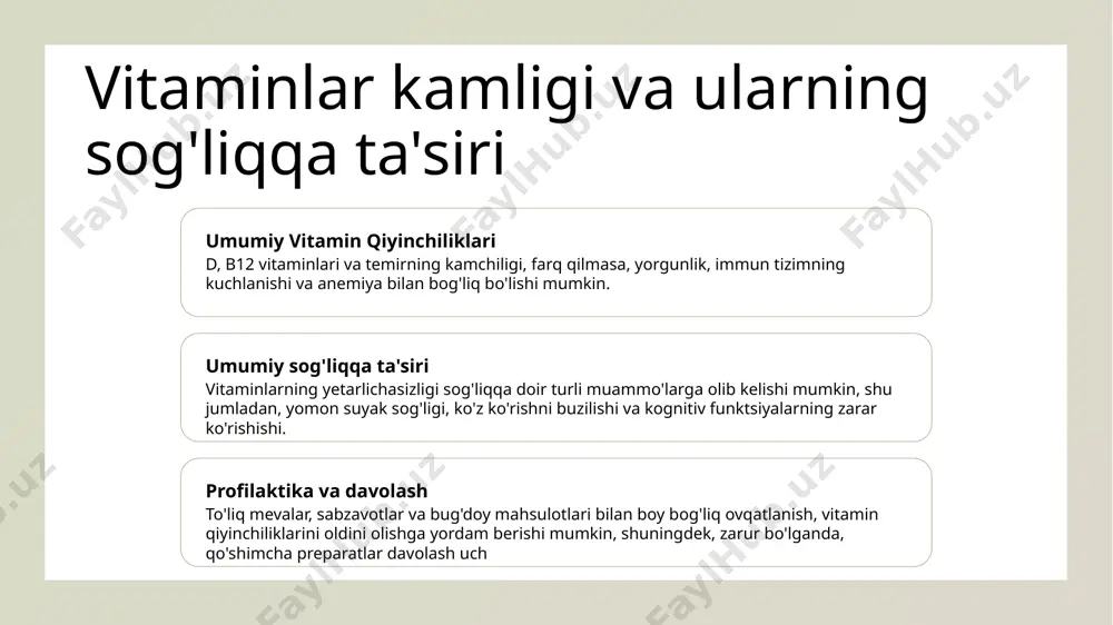 mcg, ayollar uchun esa 700 mcg. vitaminlar to'g'ri taomlanish orqali, mevalar, sabzavotlar, sut mahsulotlari va un, non va unli ovqatlardan olish mumkin. vitaminlar suplementatsiyasi va ovqatlanishni saqlash tegishli ovqatlanishning ahamiyati meva, sabzavotlar, yog'li proteinlar va butun bug'doy mahsulotlari bilan boy bog'liq ovqat, umumiy sog'liqon uchun zarur vitaminlar va mineral maddalarini ta'minlaydi. potensial yuqori qo'shimchalarni oshkor qilishning ehtimoliy xavfiyatlari ba'zi vitaminlarni qo'shimcha ta'minot orqali oshiq miqdorda qabul qilish toksiklikka olib kelishi mumkin va bunaqa toksikliklar, masalan, a va d vitaminlarining oshiq miqdorda qabul qilinishi bilan to'g'ri o'rlashni topish shaxsiy vitamin ehtiyojlarini aniqlash va qo'shimcha ovqatlanish va ovqat tanlash haqida ma'lumotli qarorlar qabul qilish uchun sog'lik xodimi bilan maslahatlashish juda muhimdir. xulosa vitaminlar ahamiyati vitamin manbalari tavsiya etilgan kundalik qabul qilish量 vitaminlar umumiy sog'liqni saqlashda, immun tizimni qo'llab-quvvatlashda, sog'lom teri niqobini ta'minlashda va metabolizmga yordam berishda ahamiyatli rol o'ynaydi. vitaminlar mevalar, sabzavotlar, sut mahsulotlari va tushirilgan ovqatlar (sereal va ichimliklar) kabi turli …