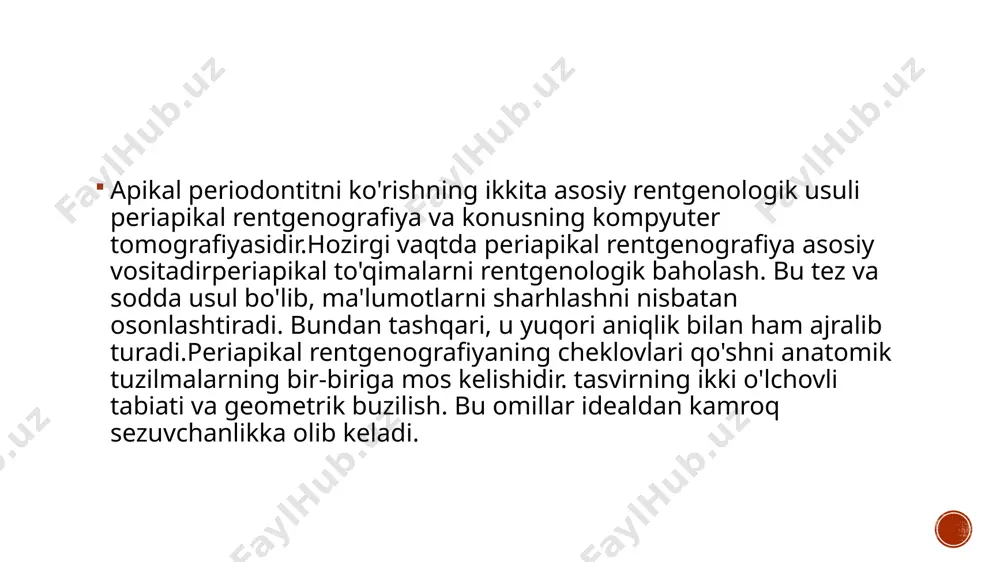 orbsiyasini boshdan kechirdi, ildiz yuzasida chuqurchalar va qo'shni suyakning radiolyusentlik joylari. jarayonga ildizning butun uzunligi, shu jumladan apikal uchinchi qismi jalb qilingan. (c) 22-tishning shikastlanishidan bir yil o'tgach periapikal rentgenogrammasida apikal periodontitning bartaraf etilishi va ildiz yuzasi shakli doimiy ravishda o'zgarib turgan bo'lsa-da, rezorbsiya jarayoni to'xtaganligi ko'rsatilgan. 4-rasm apikal periodont. (a) 11, 21 va 22 tishlarning rentgenogrammasi. sariq strelkalar 11 va 22 tishlarning rentgenografik uchlari holatini ko'rsatadi, 22 tishning katta periapikal depressiyasiga e'tibor bering. (b, c) (b) ning sagittal cbct ko'rinishi. 3b 11 va (c) 3b 22. sariq o'qlar an'anaviy rentgenogrammalarda rentgenogramma cho'qqilariga to'g'ri keladigan tish ildizlarining eng apikal nuqtasining holatini ko'rsatadi. tishlarning apikal teshiklarining holati (ko'k o'qlar) ko'proq koronaldir. 5-rasm periodontal ligament. (a va b) pastki jag' tishlarining periapikal rentgenogrammasi. mezio-distal tekislikda 45-tishning periodontal ligamenti va kortikal plastinkasi. (c-f) (c) eksenel, (d) koronal va (e) sagittal planesdagi bir xil tishning cbct tasvirlari periodontal ligament va kortikal plastinkani yanada ob'ektiv …