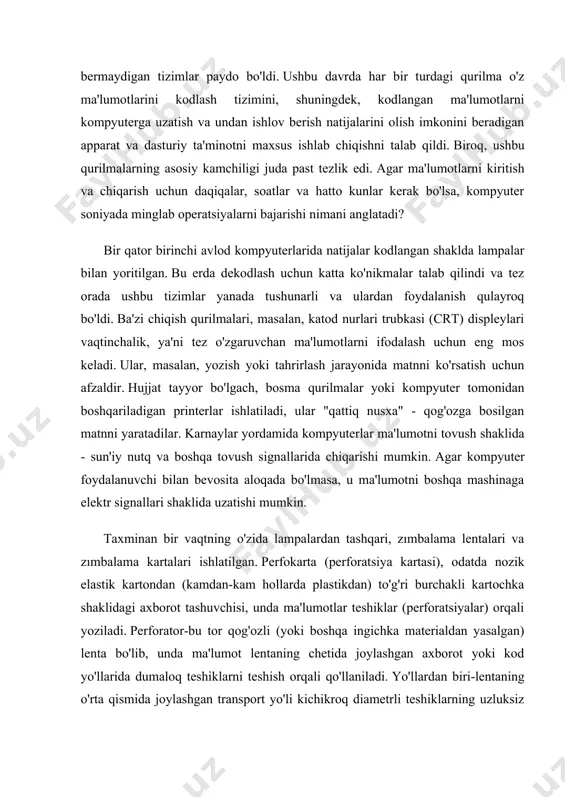 arqalgan birinchi sichqon bo'ldi. ammo ma'lumotni kiritish kerakligidan tashqari, uni ham ko'rsatish kerak. shu sababli, vizual ma'lumotlarni chiqarish moslamalari - monitorlar asta-sekin ishlab chiqildi va takomillashtirildi. vizual ma'lumotni chiqaradigan birinchi qurilmalar lampalar deb hisoblanishi mumkin. ularning yordami bilan ma'lumotni o'qish mumkin edi, ammo bu juda noqulay, qiyin va uzoq edi. keyinchalik katod nurlari naychasiga asoslangan monitorlar paydo bo'la boshladi. bunday monitorlar katta o'lchamlarga ega edi, ammo tasvir sifati juda yuqori darajada edi. keyinchalik suyuq kristall, plazma, oled monitorlari paydo bo'la boshladi. yangi texnologiyalardan tashqari, ular crt displeylariga qaraganda ancha kichik o'lchamlarga ega edi. vizual ma'lumotlarni chiqarishning eng zamonaviy texnologiyalari virtual retinal va lazer monitoridir. virtual retinal monitor-bu to'g'ridan-to'g'ri ko'zning to'r pardasida tasvirni hosil qiluvchi texnologiya. a lazer monitor-bu lazer paneliga asoslangan monitor. kompyuter texnologiyalarining tarqalishi bilan inson tanasining nomukammalligi tobora ko'proq namoyon bo'la boshladi, odam tobora ko'proq azob chekishni boshladi, chunki u ishlagan barcha qurilmalar ergonomik printsiplarga muvofiq ishlab chiqilmagan. …