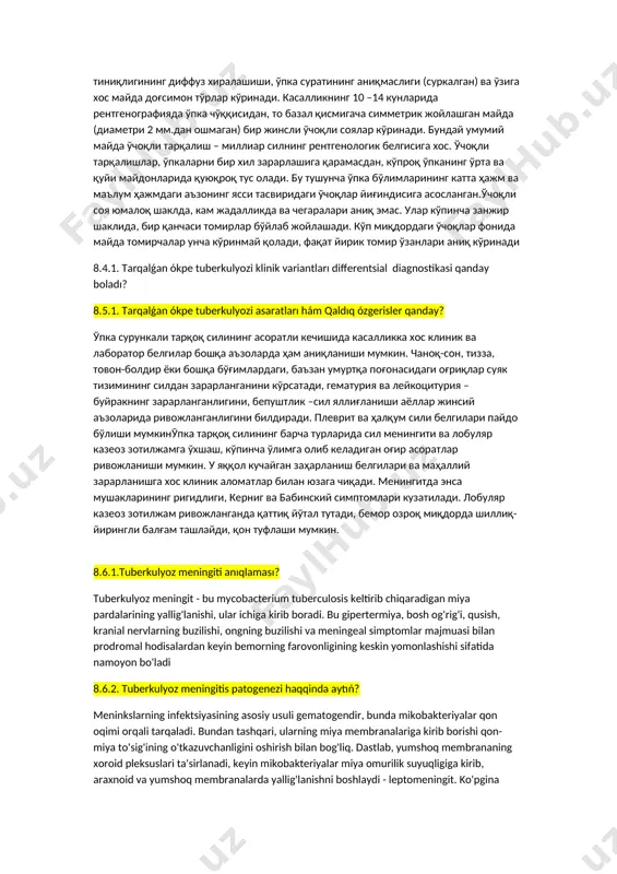 ир миллиар силда ҳужайравий иммунитет жуда пасайгани учун туберкулинга манфий анергия ёки паст мусбат жавоб реакцияси ривожланади. миллиар сил ўз вақтида аниқланса ҳамда тўла-тўкис даво қилинса, туберкулинга сезгирлик ошиб боради ва секин-аста нормергик ҳолатга келади. унча оғир бўлмаган ва сурункали тарқоқ сил асоратсиз кечган касалларда туберкулин реакцияси ўртача ифодаланади, кўпинча нормергик, асоратли кечганда эса туберкулинга сезгирлик пасаяди. ўткир миллиар силда, кўпинча йўтал бўлмагани учун балғамни бактериологик текширишда ўзига яраша қийинчилик бўлади. умумий аҳволи оғир беморларда таъсирловчи ингаляция қўлланилмайди. аммо миллиар силда бронхиал ювиндида ҳам ўпка тўқимасида емирилиш бўлмагани учун смб аниқланмайди. +онни экиб, текширганда смб ни 15 –18% ҳоллардагина аниқлаш мумкин.унча оғир бўлмаган ва сурункали сил беморлар балғамида смб специфик жараён авж олган даврда ва ўпкада емирилиш бўшлиқлари пайдо бўлганда аниқланади. бактерия ажратувчилар одатда унча кўп бўлмайди, шунинг учун балғамни люминесцент микроскопда экиб, текшириш зарур. ўпка тарқоқ сили бор беморларнинг тахминан ярмида смб аниқланади. 8.3.3. tarqalǵan ókpe tuberkulyozinda fibrobronxoskopiyada ganday …